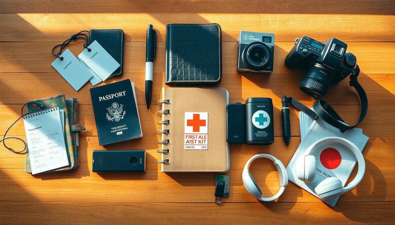 A neatly organized travel essentials display on a wooden table, bathed in warm, natural lighting. A thoughtfully curated collection of items such as a passport, luggage tags, a compass, a travel journal, a high-quality camera, a portable charger, a first-aid kit, and noise-cancelling headphones. The items are arranged in a visually appealing manner, conveying a sense of preparedness and adventure. The overall atmosphere is one of excitement and anticipation, inviting the viewer to embark on an unforgettable journey. A neatly organized travel essentials display on a wooden table, bathed in warm, natural lighting. A thoughtfully curated collection of items such as a passport, luggage tags, a compass, a travel journal, a high-quality camera, a portable charger, a first-aid kit, and noise-cancelling headphones. The items are arranged in a visually appealing manner, conveying a sense of preparedness and adventure. The overall atmosphere is one of excitement and anticipation, inviting the viewer to embark on an unforgettable journey.