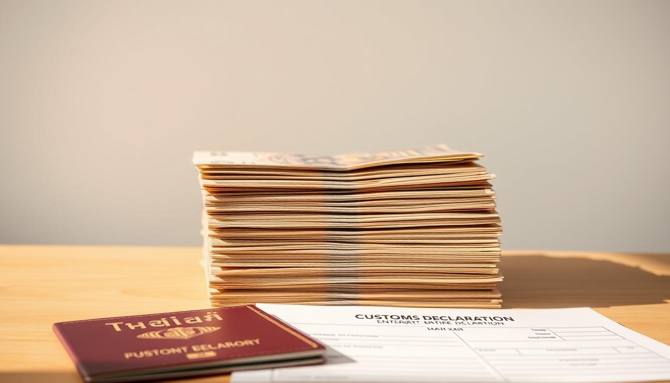 A neatly stacked pile of Thai baht currency notes, meticulously arranged against a clean, minimalist background. Warm, natural lighting casts a soft glow, highlighting the tactile texture of the paper bills. In the foreground, a Thai passport and a customs declaration form subtly suggest the process of entering the country. The composition conveys a sense of organization, preparedness, and attention to detail - essential elements for a smooth and secure border crossing experience. A neatly stacked pile of Thai baht currency notes, meticulously arranged against a clean, minimalist background. Warm, natural lighting casts a soft glow, highlighting the tactile texture of the paper bills. In the foreground, a Thai passport and a customs declaration form subtly suggest the process of entering the country. The composition conveys a sense of organization, preparedness, and attention to detail - essential elements for a smooth and secure border crossing experience.