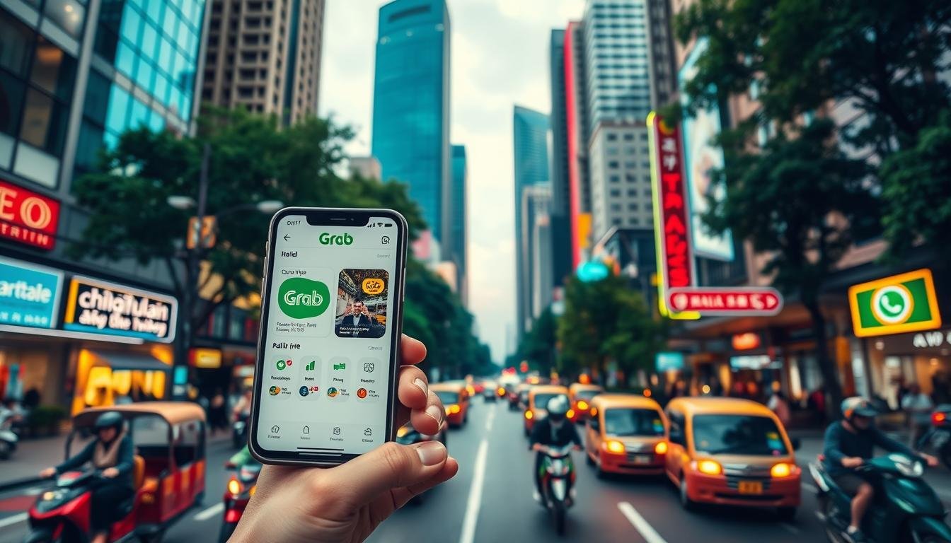 A neon-lit city street in Bangkok, Thailand, with a Grab rideshare app interface prominently displayed on a smartphone screen held by a hand in the foreground. The app features clear, intuitive menus and controls, guiding the user through the process of hailing a ride. The middle ground showcases a bustling urban scene, with tuk-tuks, motorbikes, and pedestrians navigating the vibrant streets. In the background, towering skyscrapers and lush greenery create a vibrant, dynamic backdrop, capturing the essence of the city. The overall composition conveys a sense of efficiency, connectivity, and the seamless integration of technology into the fabric of daily life in Bangkok. A neon-lit city street in Bangkok, Thailand, with a Grab rideshare app interface prominently displayed on a smartphone screen held by a hand in the foreground. The app features clear, intuitive menus and controls, guiding the user through the process of hailing a ride. The middle ground showcases a bustling urban scene, with tuk-tuks, motorbikes, and pedestrians navigating the vibrant streets. In the background, towering skyscrapers and lush greenery create a vibrant, dynamic backdrop, capturing the essence of the city. The overall composition conveys a sense of efficiency, connectivity, and the seamless integration of technology into the fabric of daily life in Bangkok.
