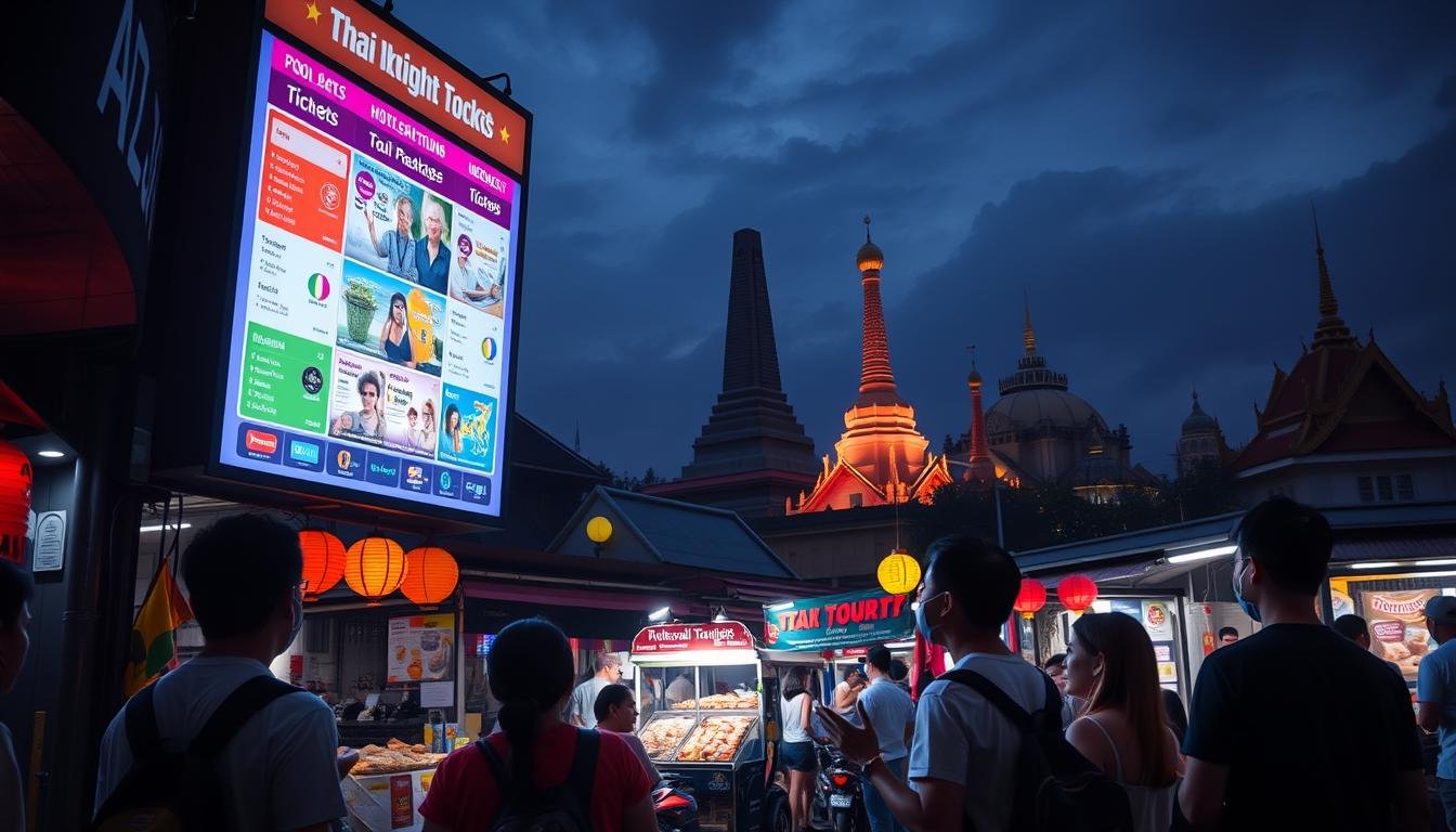 A neon-lit nighttime scene of a bustling Thai night market, with a large digital display showcasing colorful tickets for various tourist attractions. In the foreground, a group of travelers excitedly discussing their options, gesturing towards the screen. The middle ground features a variety of stalls selling snacks, souvenirs, and tour packages, with vibrant lanterns and signage. The background depicts the silhouettes of iconic Thai landmarks, such as temple spires and tuk-tuks, against a moody, atmospheric sky. The overall mood is one of anticipation and adventure, inviting the viewer to immerse themselves in the dynamic world of Thai tourism.