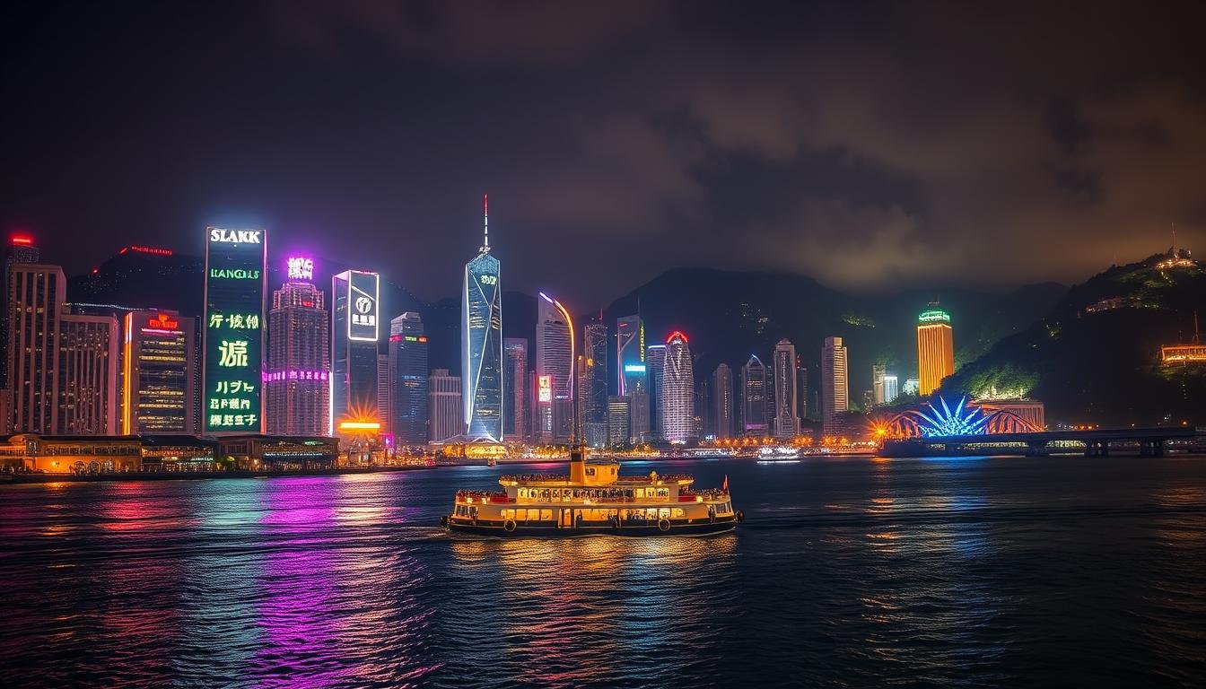A nighttime cityscape of Hong Kong's Victoria Harbour, illuminated by a dazzling display of lights reflecting on the calm waters. In the foreground, high-rise buildings with neon signs and vibrant LED displays create a mesmerizing visual tapestry. The middle ground features the iconic Star Ferry crossing the harbour, its passengers silhouetted against the glittering skyline. In the background, the rolling hills and lush greenery of the surrounding landscape provide a serene contrast to the urban spectacle. The scene is bathed in a warm, golden glow from strategically placed lighting, creating a magical, dreamlike atmosphere. Captured through a wide-angle lens, the composition showcases the grandeur and beauty of this iconic Hong Kong night scene. A nighttime cityscape of Hong Kong's Victoria Harbour, illuminated by a dazzling display of lights reflecting on the calm waters. In the foreground, high-rise buildings with neon signs and vibrant LED displays create a mesmerizing visual tapestry. The middle ground features the iconic Star Ferry crossing the harbour, its passengers silhouetted against the glittering skyline. In the background, the rolling hills and lush greenery of the surrounding landscape provide a serene contrast to the urban spectacle. The scene is bathed in a warm, golden glow from strategically placed lighting, creating a magical, dreamlike atmosphere. Captured through a wide-angle lens, the composition showcases the grandeur and beauty of this iconic Hong Kong night scene.