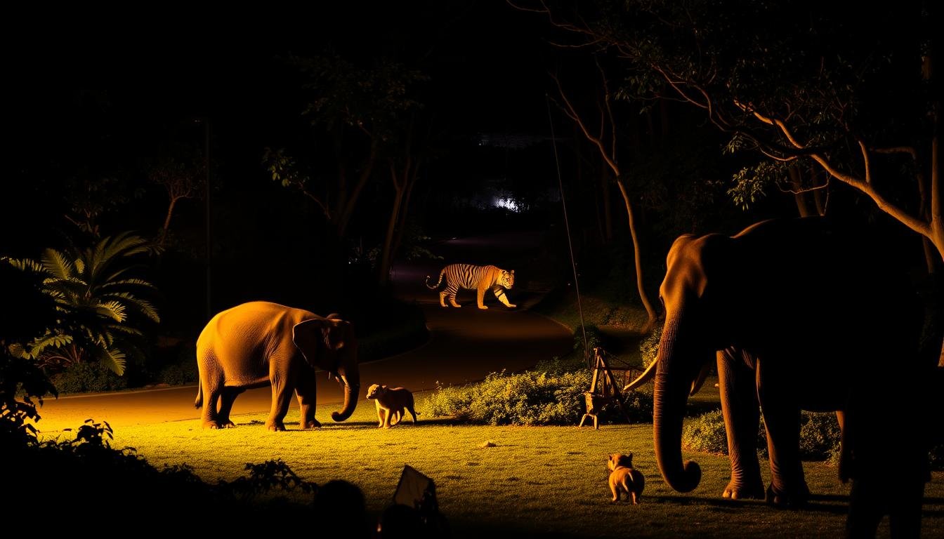 A nighttime scene of Chiang Mai's famous Night Safari Zoo, where lush foliage and winding paths lead visitors through immersive nocturnal wildlife encounters. Dim, atmospheric lighting casts a warm, golden glow, accentuating the silhouettes of exotic animals roaming their naturalistic enclosures. In the foreground, guests observe a herd of Asian elephants grazing peacefully, their massive forms elegantly backlit. In the middle ground, a family of tigers emerges from the shadows, their piercing eyes reflecting the ambient light. The background reveals the zoo's diverse ecosystems, from dense tropical forests to open grasslands, teeming with diverse nocturnal creatures. The overall mood is one of wonder, adventure, and a deeper connection with the natural world. A nighttime scene of Chiang Mai's famous Night Safari Zoo, where lush foliage and winding paths lead visitors through immersive nocturnal wildlife encounters. Dim, atmospheric lighting casts a warm, golden glow, accentuating the silhouettes of exotic animals roaming their naturalistic enclosures. In the foreground, guests observe a herd of Asian elephants grazing peacefully, their massive forms elegantly backlit. In the middle ground, a family of tigers emerges from the shadows, their piercing eyes reflecting the ambient light. The background reveals the zoo's diverse ecosystems, from dense tropical forests to open grasslands, teeming with diverse nocturnal creatures. The overall mood is one of wonder, adventure, and a deeper connection with the natural world.