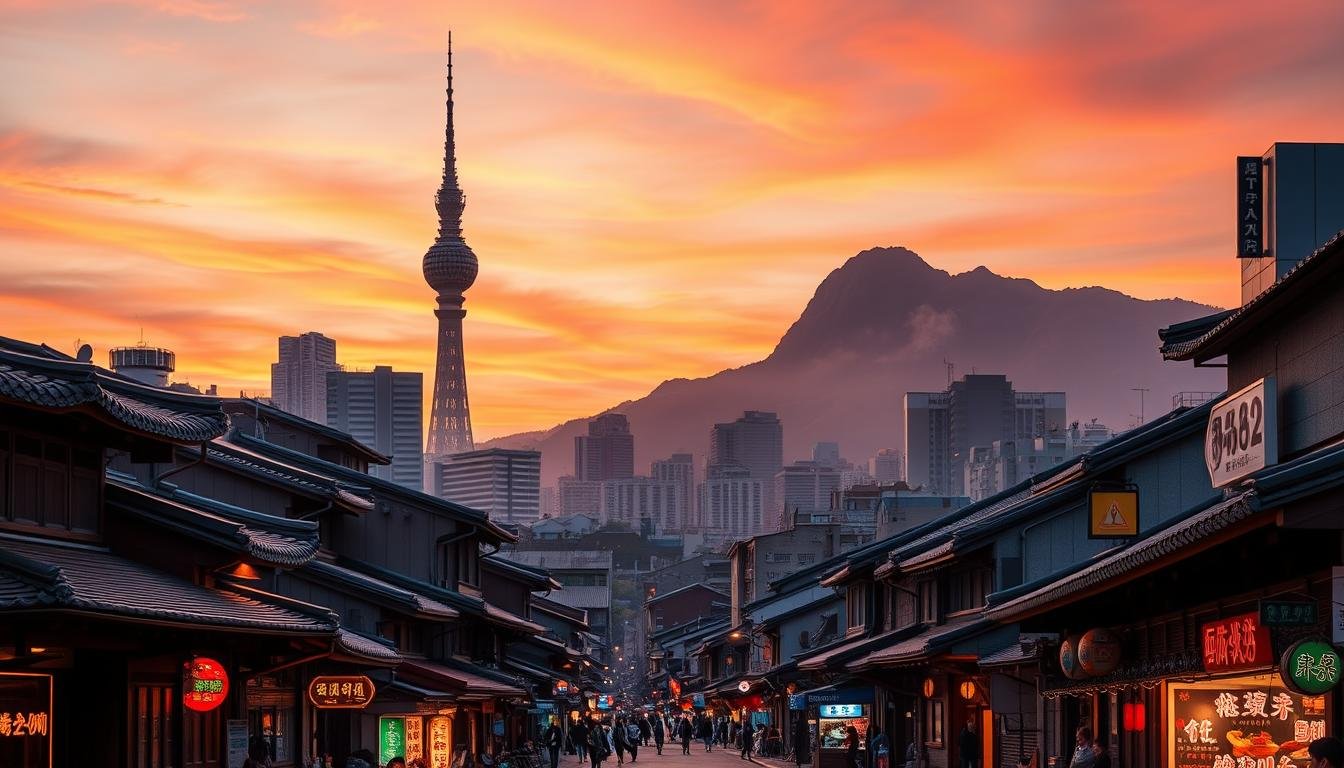 A panoramic cityscape of Seoul, South Korea, at dusk. In the foreground, a bustling street with traditional hanok-style buildings, neon-lit signs, and street vendors selling local cuisine. The middle ground features towering modern high-rises and the iconic Namsan Seoul Tower, silhouetted against a vibrant orange-pink sky. In the background, the rugged Bukhansan mountain range provides a majestic backdrop. The scene is illuminated by a warm, golden hour lighting, casting long shadows and creating a cozy, inviting atmosphere. The composition showcases the blend of old and new that characterizes Seoul, the perfect setting for planning an immersive travel itinerary. A panoramic cityscape of Seoul, South Korea, at dusk. In the foreground, a bustling street with traditional hanok-style buildings, neon-lit signs, and street vendors selling local cuisine. The middle ground features towering modern high-rises and the iconic Namsan Seoul Tower, silhouetted against a vibrant orange-pink sky. In the background, the rugged Bukhansan mountain range provides a majestic backdrop. The scene is illuminated by a warm, golden hour lighting, casting long shadows and creating a cozy, inviting atmosphere. The composition showcases the blend of old and new that characterizes Seoul, the perfect setting for planning an immersive travel itinerary.