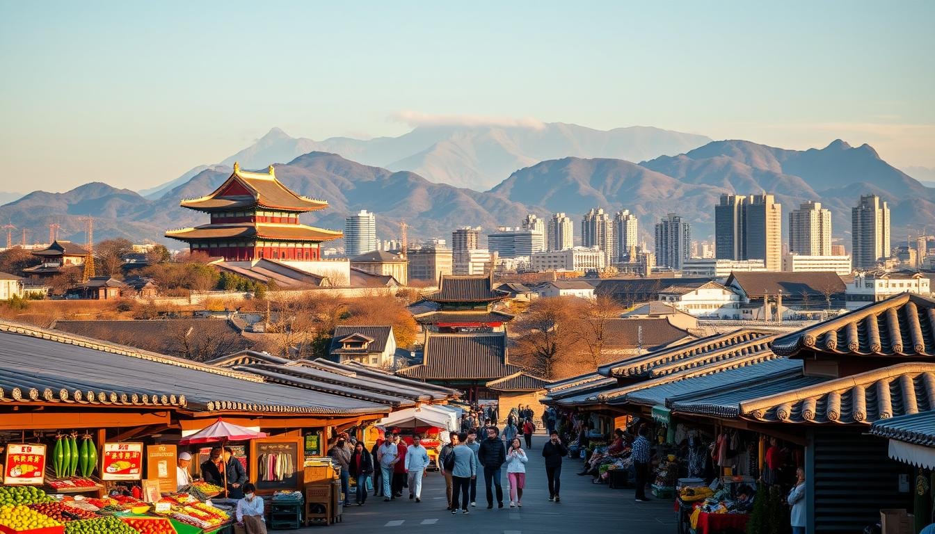 A panoramic landscape showcasing the highlights of a popular South Korean travel itinerary. In the foreground, a bustling outdoor market with vibrant stalls selling local produce and handicrafts. In the middle ground, the iconic architectural landmarks of Seoul, including the grand Gyeongbokgung Palace and the sleek modern skyline. In the background, the majestic Bukhansan mountain range, its peaks shrouded in a soft haze. The scene is bathed in warm, golden sunlight, creating a welcoming and inviting atmosphere. The composition emphasizes the diverse cultural and natural wonders that make South Korea an appealing travel destination, captured through a cinematic, panoramic lens. A panoramic landscape showcasing the highlights of a popular South Korean travel itinerary. In the foreground, a bustling outdoor market with vibrant stalls selling local produce and handicrafts. In the middle ground, the iconic architectural landmarks of Seoul, including the grand Gyeongbokgung Palace and the sleek modern skyline. In the background, the majestic Bukhansan mountain range, its peaks shrouded in a soft haze. The scene is bathed in warm, golden sunlight, creating a welcoming and inviting atmosphere. The composition emphasizes the diverse cultural and natural wonders that make South Korea an appealing travel destination, captured through a cinematic, panoramic lens.