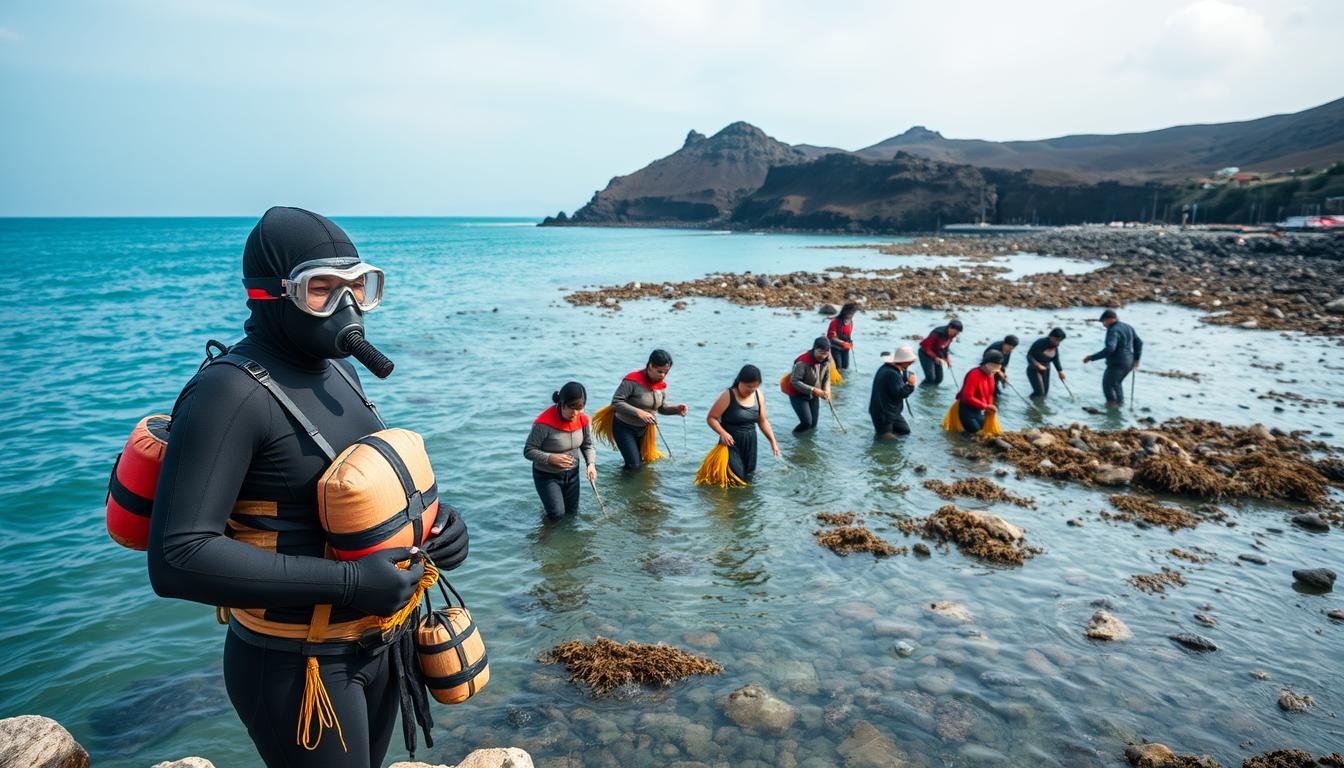 A panoramic view of a coastal village on Jeju Island, South Korea, where Haenyeo (sea women) gather. In the foreground, a Haenyeo in her traditional wetsuit, mask, and handmade buoys, prepares her gear for the day's dive. In the middle ground, groups of Haenyeo wade through shallow waters, expertly navigating the rocky seabed, harvesting seaweed and shellfish. In the background, the rugged volcanic coastline and azure waters of the East China Sea create a serene, timeless atmosphere. Soft, natural lighting illuminates the scene, capturing the tranquility and skill of these remarkable women who have sustained their marine way of life for generations. A panoramic view of a coastal village on Jeju Island, South Korea, where Haenyeo (sea women) gather. In the foreground, a Haenyeo in her traditional wetsuit, mask, and handmade buoys, prepares her gear for the day's dive. In the middle ground, groups of Haenyeo wade through shallow waters, expertly navigating the rocky seabed, harvesting seaweed and shellfish. In the background, the rugged volcanic coastline and azure waters of the East China Sea create a serene, timeless atmosphere. Soft, natural lighting illuminates the scene, capturing the tranquility and skill of these remarkable women who have sustained their marine way of life for generations.