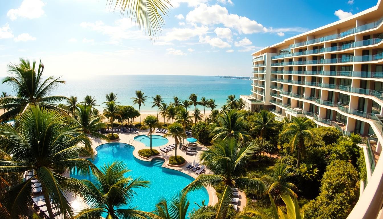 A panoramic view of a lush tropical resort in Pattaya, Thailand. The foreground features a sparkling pool surrounded by swaying palm trees and lush greenery. In the middle ground, modern yet elegant hotel buildings with sleek glass facades and balconies overlook the pool. The background showcases the stunning coastline, with the azure waters of the Gulf of Thailand meeting the horizon. The scene is bathed in warm, golden sunlight, creating a serene and inviting atmosphere. The overall composition evokes a sense of tranquility and luxury, perfectly capturing the essence of Pattaya's diverse accommodation options. A panoramic view of a lush tropical resort in Pattaya, Thailand. The foreground features a sparkling pool surrounded by swaying palm trees and lush greenery. In the middle ground, modern yet elegant hotel buildings with sleek glass facades and balconies overlook the pool. The background showcases the stunning coastline, with the azure waters of the Gulf of Thailand meeting the horizon. The scene is bathed in warm, golden sunlight, creating a serene and inviting atmosphere. The overall composition evokes a sense of tranquility and luxury, perfectly capturing the essence of Pattaya's diverse accommodation options.