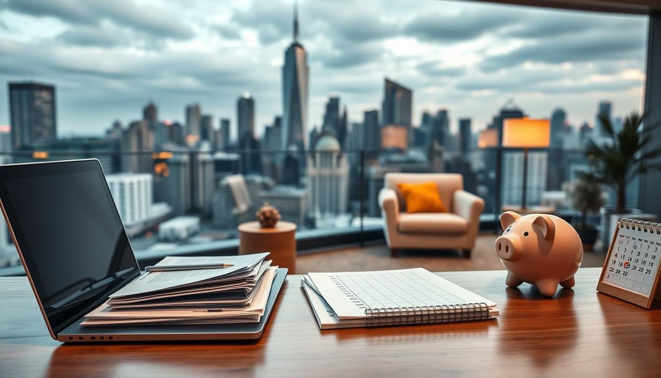 A panoramic view of a vibrant urban cityscape, with skyscrapers and modern architecture in the background. In the foreground, a neatly organized desk with a laptop, a stack of documents, a calendar, and a piggy bank, symbolizing the concepts of budgeting and planning. The middle ground features a cozy living room scene, with a comfortable armchair and a warm lighting fixture, hinting at the seasonal aspects of the content. The overall mood is one of efficiency, organization, and the harmony between work and leisure. The lighting is a balanced mix of natural and artificial sources, creating a sense of depth and dimension. The camera angle is slightly elevated, providing a bird's-eye perspective that ties the different elements together. A panoramic view of a vibrant urban cityscape, with skyscrapers and modern architecture in the background. In the foreground, a neatly organized desk with a laptop, a stack of documents, a calendar, and a piggy bank, symbolizing the concepts of budgeting and planning. The middle ground features a cozy living room scene, with a comfortable armchair and a warm lighting fixture, hinting at the seasonal aspects of the content. The overall mood is one of efficiency, organization, and the harmony between work and leisure. The lighting is a balanced mix of natural and artificial sources, creating a sense of depth and dimension. The camera angle is slightly elevated, providing a bird's-eye perspective that ties the different elements together.