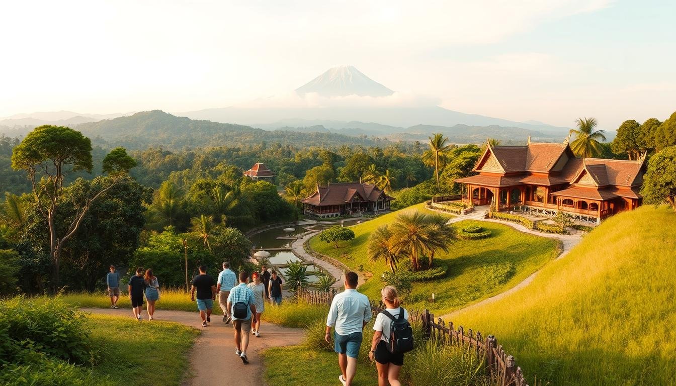 A panoramic view of the lush, verdant landscape of Chiang Mai, Thailand. In the foreground, a group of tourists explore a picturesque trail, taking in the serene atmosphere. The middle ground features a traditional Thai-style resort, with ornate roofs and tranquil ponds. In the distance, the iconic Doi Suthep mountain rises majestically, its peaks capped with a soft, ethereal mist. Warm, diffused lighting bathes the scene, creating a sense of calm and relaxation. The composition emphasizes the harmony between nature and the carefully curated tourist experience, inviting the viewer to imagine themselves immersed in the beauty of Chiang Mai.