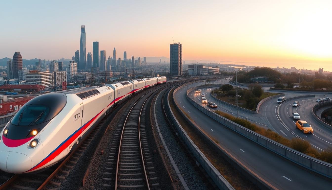 A panoramic view of the transportation options between Seoul and Busan, captured with a wide-angle lens. In the foreground, a high-speed KTX train glides smoothly along the tracks, its sleek design and vibrant color scheme commanding attention. In the middle ground, cars and buses navigate the winding roads, their headlights cutting through the urban landscape. In the background, the towering skyscrapers of Seoul give way to the picturesque coastal views of Busan, the horizon bathed in a warm, golden glow. The scene conveys the efficient, multi-modal nature of transportation between these two major South Korean cities, with a sense of modern progress and natural beauty. A panoramic view of the transportation options between Seoul and Busan, captured with a wide-angle lens. In the foreground, a high-speed KTX train glides smoothly along the tracks, its sleek design and vibrant color scheme commanding attention. In the middle ground, cars and buses navigate the winding roads, their headlights cutting through the urban landscape. In the background, the towering skyscrapers of Seoul give way to the picturesque coastal views of Busan, the horizon bathed in a warm, golden glow. The scene conveys the efficient, multi-modal nature of transportation between these two major South Korean cities, with a sense of modern progress and natural beauty.
