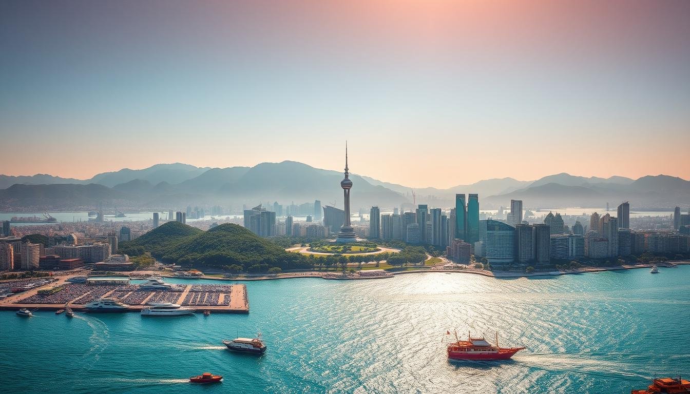 A panoramic view of the vibrant city of Busan, South Korea, captured from a high vantage point. In the foreground, the bustling port and fishing boats dot the sparkling blue waters of the East Sea. The middle ground features the iconic Yongdusan Park, with its towering Busan Tower and lush greenery. In the background, the majestic mountains rise, creating a serene and picturesque backdrop. Warm sunlight filters through the scene, casting a golden glow and creating a harmonious blend of the city's sea, land, and sky. The overall atmosphere conveys a sense of tranquility and the vibrant energy of this dynamic coastal metropolis.