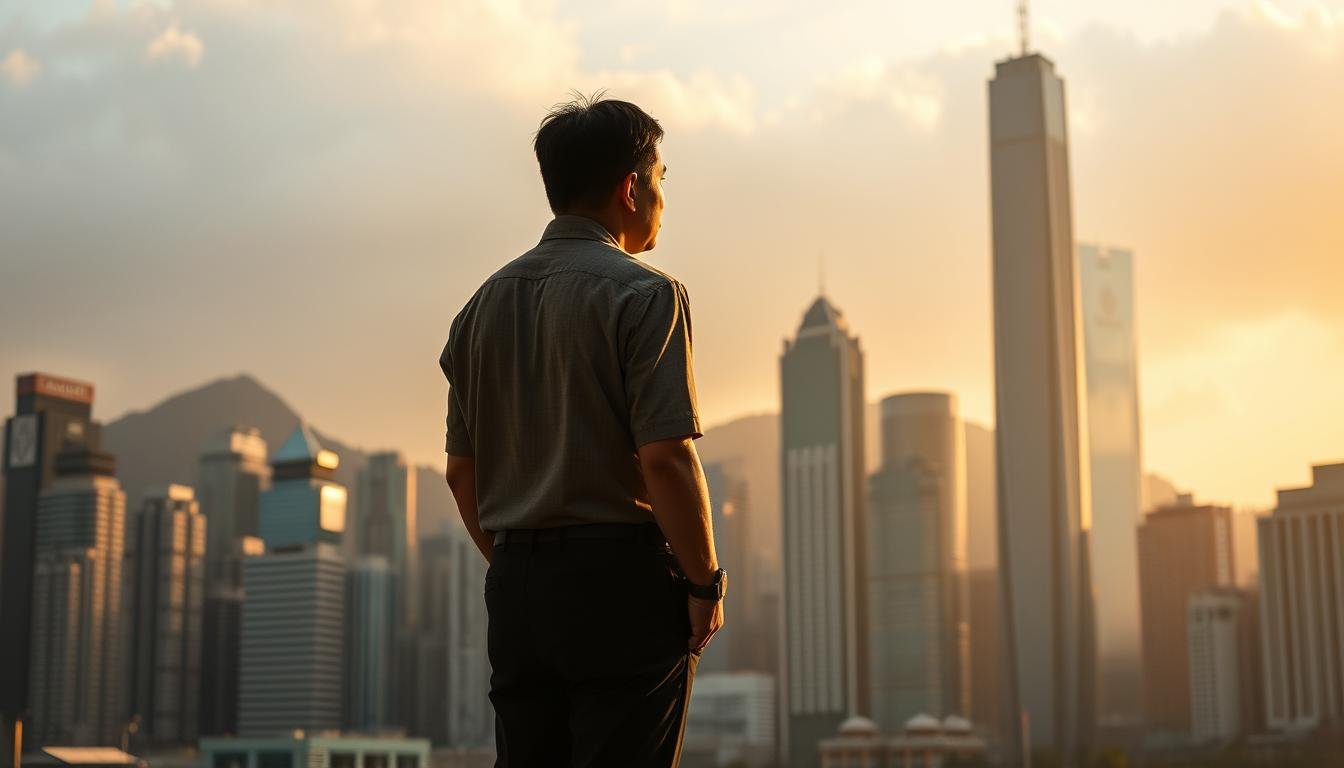 A pensive figure stands against a backdrop of Hong Kong's iconic skyline, reflecting on the complexities of identity and nationhood. The figure's posture conveys a thoughtful contemplation, as if wrestling with the nuances of the "one country, two systems" principle and its impact on their cultural and national belonging. The scene is bathed in a warm, golden light, creating an introspective atmosphere. Architectural elements, such as towering skyscrapers and familiar landmarks, serve as a visual representation of the city's unique position within China. The overall composition evokes a sense of contemplation, inviting the viewer to consider the multifaceted nature of Hong Kong's societal and identity-related discussions.