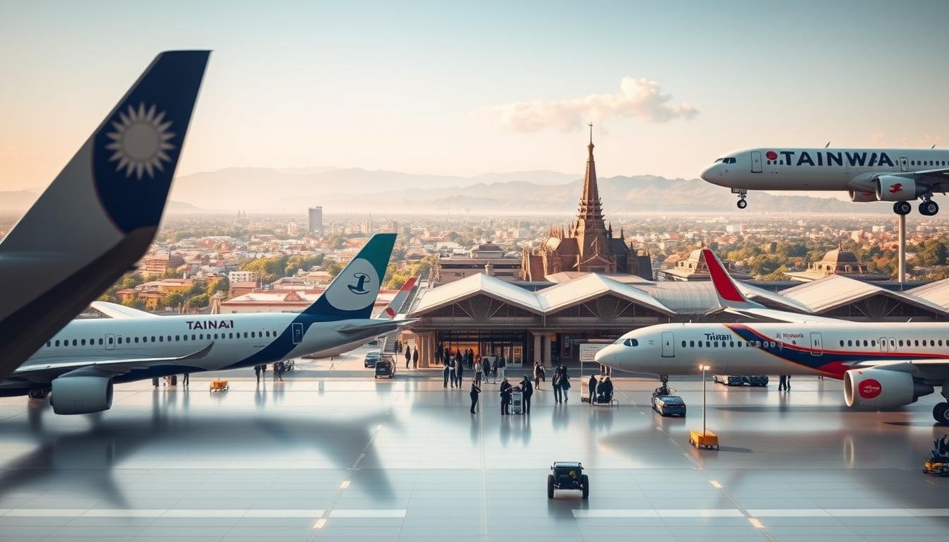 A photorealistic image of the comparison of direct flights from Taiwan to Chiang Mai, Thailand. In the foreground, multiple airplanes in different airline liveries are depicted, with their names and destinations clearly visible. In the middle ground, a detailed airport terminal building is shown, with passengers moving through the concourse. The background features a panoramic view of the city of Chiang Mai, with its distinctive mountains and lush greenery in the distance. The lighting is natural and warm, creating a inviting and dynamic atmosphere. The composition emphasizes the scale and logistics of air travel, while subtly incorporating the surrounding environment of the destination city.