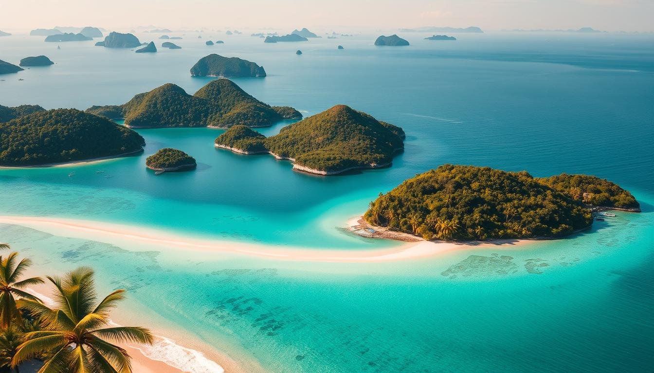 A picturesque aerial view of the lush, tropical islands surrounding Phuket, Thailand. In the foreground, crystal-clear turquoise waters gently lap against pristine white sand beaches, fringed by swaying palm trees. The middle ground features a cluster of verdant, densely forested islands, their peaks rising majestically from the serene sea. In the background, the horizon is dotted with more distant islands, hazy and ethereal, creating a sense of endless, untouched natural beauty. The scene is illuminated by warm, golden sunlight, casting a soft, dreamy glow over the entire landscape. The overall mood is one of tranquility, adventure, and the allure of island exploration.