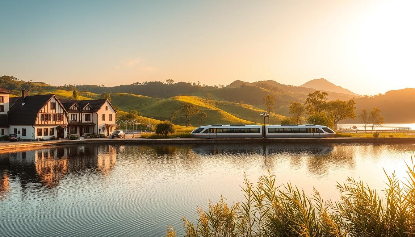 A picturesque landscape unfolds, showcasing the serene beauty of South Korea's nearby countryside. In the foreground, a tranquil lake reflects the charming architecture of the Small French Village, its pastel-colored buildings and quaint cobblestone streets inviting exploration. The middle ground features the iconic Jeonbuk Rail Bike, its sleek design gliding through lush, verdant hills. In the distance, the majestic Nami Island rises, its tree-lined paths and serene ambiance radiating a sense of escapism. Warm, golden sunlight filters through the scene, casting a soft, romantic glow and highlighting the region's picturesque allure. This carefully composed image captures the essence of the nearby day trip options, offering a glimpse into the diverse experiences awaiting travelers in this captivating corner of South Korea.