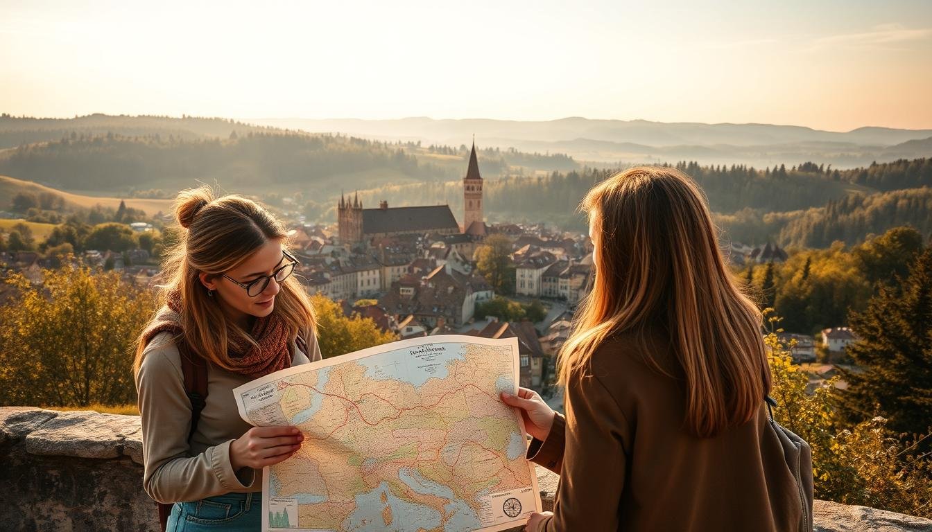 A picturesque landscape with a well-planned itinerary, showcasing a harmonious balance of natural landmarks and cultural attractions. In the foreground, a group of travelers consults a detailed map, their expressions thoughtful as they meticulously plan their route. The middle ground features a charming European town, its cobblestone streets and quaint architecture inviting exploration. In the background, rolling hills and lush forests create a serene backdrop, hinting at the diverse experiences awaiting the travelers. Warm, golden lighting filters through the scene, evoking a sense of tranquility and efficiency in the journey. The overall composition conveys the importance of carefully managing time and resources to maximize the enjoyment and value of a European vacation.