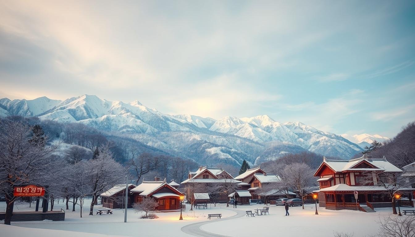 A picturesque snow-covered Korean drama filming location, where a serene winter wonderland sets the stage for captivating scenes. Majestic mountains rise in the distance, their peaks dusted with a delicate layer of pristine white. In the foreground, a quaint village nestled amidst the snow-laden trees, its traditional architecture and charming details creating a captivating atmosphere. Warm lighting casts a soft glow, accentuating the tranquil mood and inviting the viewer to immerse themselves in the cinematic ambiance. A wide-angle lens captures the expansive landscape, showcasing the grandeur of this picturesque Korean drama filming destination.
