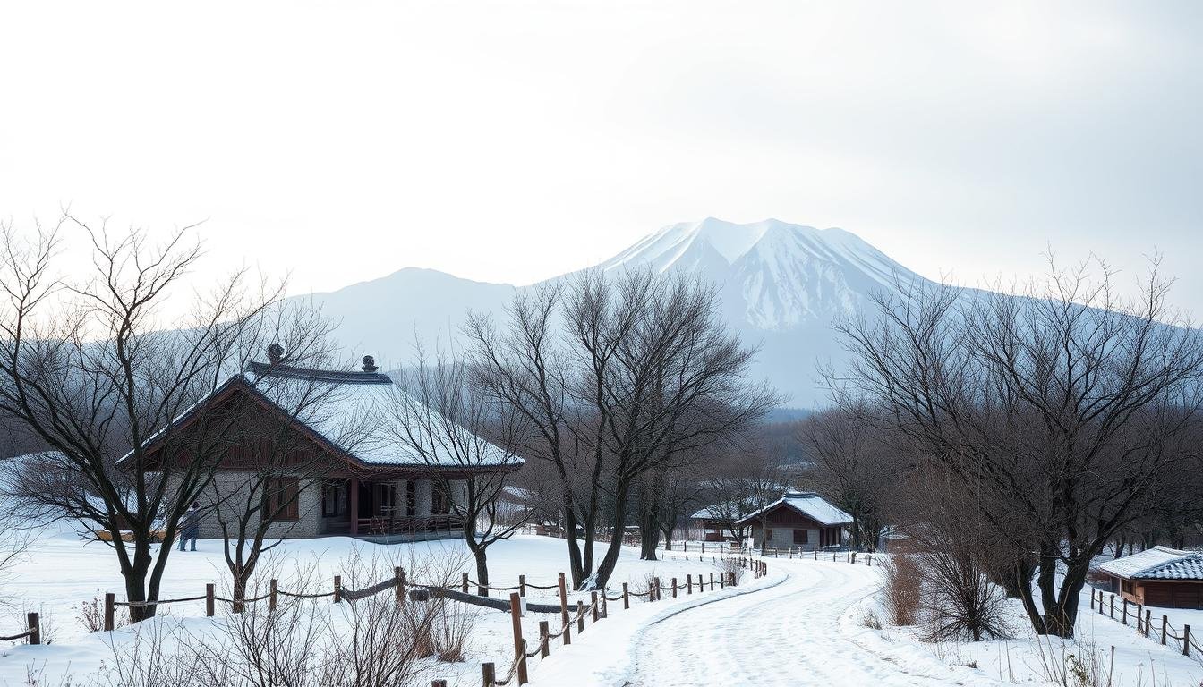 A picturesque winter scene in Jeju Island, South Korea. A snow-covered landscape with towering volcanic mountains in the background, their peaks capped in pristine white. In the foreground, a traditional Korean thatched-roof house nestled amidst a grove of bare-branched trees, their delicate forms silhouetted against the pale, overcast sky. A winding path leads through the tranquil scene, inviting the viewer to explore the serene, wintry atmosphere. The lighting is soft and diffuse, casting a gentle glow over the entire composition. This image captures the captivating beauty of Jeju Island during the winter season, a true winter wonderland awaiting the adventurous traveler. A picturesque winter scene in Jeju Island, South Korea. A snow-covered landscape with towering volcanic mountains in the background, their peaks capped in pristine white. In the foreground, a traditional Korean thatched-roof house nestled amidst a grove of bare-branched trees, their delicate forms silhouetted against the pale, overcast sky. A winding path leads through the tranquil scene, inviting the viewer to explore the serene, wintry atmosphere. The lighting is soft and diffuse, casting a gentle glow over the entire composition. This image captures the captivating beauty of Jeju Island during the winter season, a true winter wonderland awaiting the adventurous traveler.