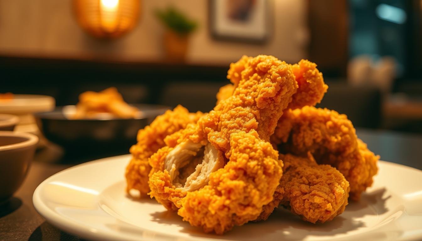 A piping hot plate of crispy, golden-brown fried chicken takes center stage, its crunchy exterior glistening under the warm, diffused lighting. Tender, juicy meat is encased within, tempting the senses. The chicken is carefully arranged on a simple white plate, allowing its pure, mouthwatering form to shine. In the background, a blurred, minimalist setting evokes the cozy ambiance of a traditional Korean restaurant, hinting at the rich culinary heritage behind this iconic dish. The composition is balanced, the lighting is soft and inviting, and the overall atmosphere is one of authentic, delectable Korean cuisine.