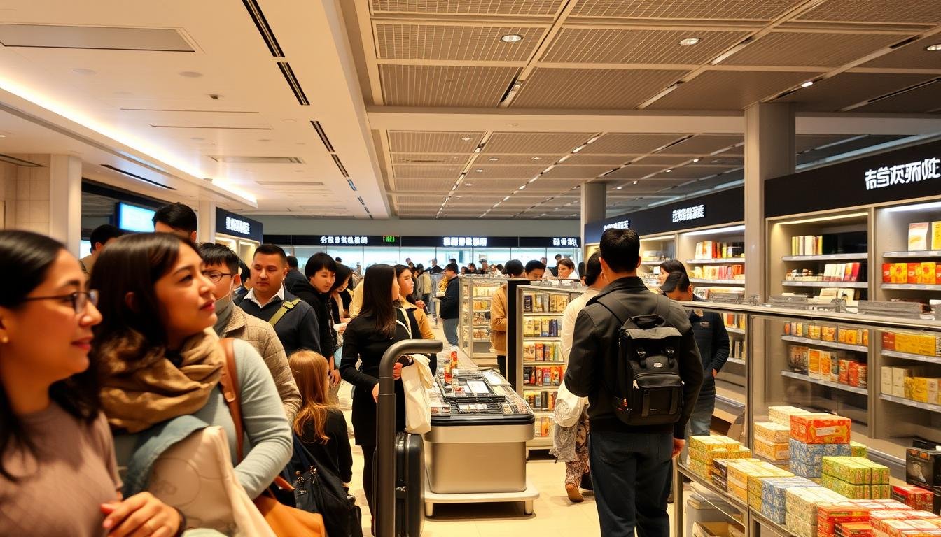 A pristine airport duty-free zone, bathed in soft, warm lighting. In the foreground, a queue of travelers patiently waiting to collect their pre-ordered purchases, their faces exuding a sense of excitement. The middle ground reveals neatly organized display shelves, showcasing a diverse array of luxury goods and local specialties. In the background, a sleek and modern airport terminal with high ceilings and minimalist design elements. The overall atmosphere is one of efficiency, anticipation, and a hint of indulgence, perfectly capturing the essence of the "预訂與取貨注意事項" section. A pristine airport duty-free zone, bathed in soft, warm lighting. In the foreground, a queue of travelers patiently waiting to collect their pre-ordered purchases, their faces exuding a sense of excitement. The middle ground reveals neatly organized display shelves, showcasing a diverse array of luxury goods and local specialties. In the background, a sleek and modern airport terminal with high ceilings and minimalist design elements. The overall atmosphere is one of efficiency, anticipation, and a hint of indulgence, perfectly capturing the essence of the "预訂與取貨注意事項" section.