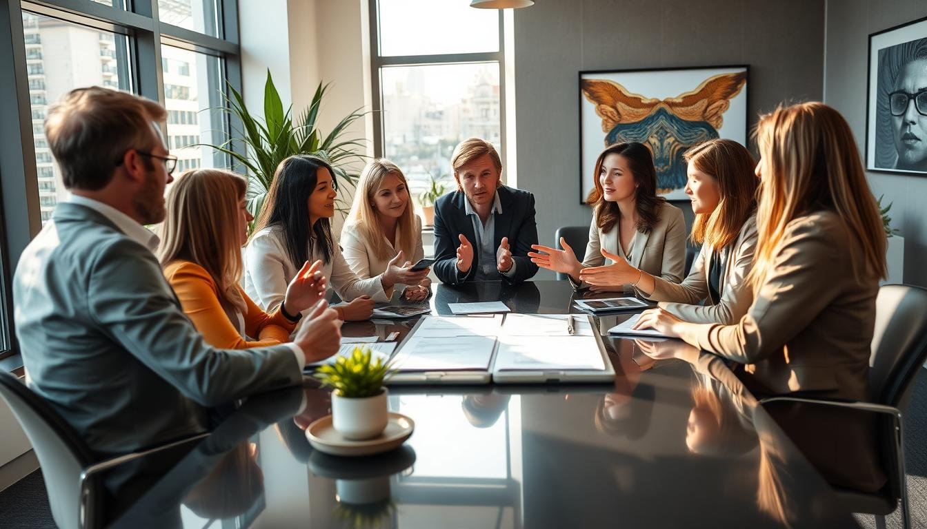 A professional and well-curated travel group planning a successful tour, with a team of experienced guides discussing key strategies and tips on a sleek, contemporary office setting. Soft natural lighting filters through large windows, casting a warm glow. The atmosphere is one of focus and collaboration, with the team gathered around a polished conference table, gesturing animatedly as they share insights. Elegant yet functional decor, such as potted plants and modern artwork, creates an inviting ambiance. The overall mood conveys a sense of expertise, efficiency, and a commitment to delivering exceptional travel experiences.