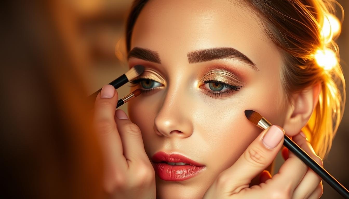 A professional makeup artist applying eye shadow in a warm, radiant light. Soft, blended layers of golden brown, peach, and champagne eyeshadows create a natural, dimensional eye makeup look. Carefully applied with a variety of high-quality brushes, the eyeshadow is seamlessly blended from the lash line to the crease, achieving a smooth, gradient effect. The model's eyes are opened wide, allowing the delicate eye makeup to be clearly visible. The overall scene conveys a sense of expert technique, skill, and attention to detail, reflecting the high-quality beauty tutorial outlined in the article. A professional makeup artist applying eye shadow in a warm, radiant light. Soft, blended layers of golden brown, peach, and champagne eyeshadows create a natural, dimensional eye makeup look. Carefully applied with a variety of high-quality brushes, the eyeshadow is seamlessly blended from the lash line to the crease, achieving a smooth, gradient effect. The model's eyes are opened wide, allowing the delicate eye makeup to be clearly visible. The overall scene conveys a sense of expert technique, skill, and attention to detail, reflecting the high-quality beauty tutorial outlined in the article.