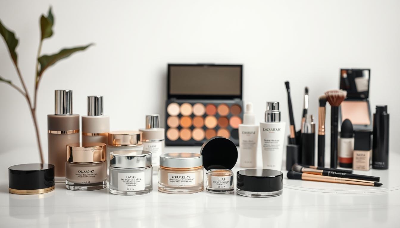 A professional, neatly-organized skincare and makeup selection guide. In the foreground, an elegant still life displays an assortment of luxurious beauty products - jars, bottles, and compacts in muted, sophisticated shades. The midground features a neutral-toned makeup palette, brushes, and application tools, all arranged with careful consideration. The background depicts a serene, minimalist setting with soft, indirect lighting, allowing the featured products to take center stage. The overall mood is one of refinement, expertise, and discernment - a trusted resource for informed beauty decisions. A professional, neatly-organized skincare and makeup selection guide. In the foreground, an elegant still life displays an assortment of luxurious beauty products - jars, bottles, and compacts in muted, sophisticated shades. The midground features a neutral-toned makeup palette, brushes, and application tools, all arranged with careful consideration. The background depicts a serene, minimalist setting with soft, indirect lighting, allowing the featured products to take center stage. The overall mood is one of refinement, expertise, and discernment - a trusted resource for informed beauty decisions.