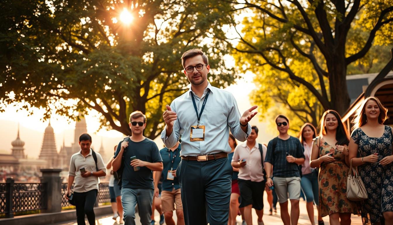 A professional tour guide leading a group of tourists through the vibrant streets of Chiang Mai, Thailand. The guide stands tall and confident, dressed in a crisp, collared shirt and slacks, with a name badge prominently displayed. The tourists follow closely, captivated by the guide's animated gestures and engaging narration as they explore the city's ancient temples, bustling markets, and lush, verdant landscapes. Warm, golden sunlight filters through the trees, casting a serene glow over the scene. The composition is balanced, with the guide in the foreground, the tourists in the middle ground, and the picturesque Chiang Mai backdrop in the distance. The overall atmosphere conveys a sense of professionalism, cultural immersion, and a memorable travel experience. A professional tour guide leading a group of tourists through the vibrant streets of Chiang Mai, Thailand. The guide stands tall and confident, dressed in a crisp, collared shirt and slacks, with a name badge prominently displayed. The tourists follow closely, captivated by the guide's animated gestures and engaging narration as they explore the city's ancient temples, bustling markets, and lush, verdant landscapes. Warm, golden sunlight filters through the trees, casting a serene glow over the scene. The composition is balanced, with the guide in the foreground, the tourists in the middle ground, and the picturesque Chiang Mai backdrop in the distance. The overall atmosphere conveys a sense of professionalism, cultural immersion, and a memorable travel experience.