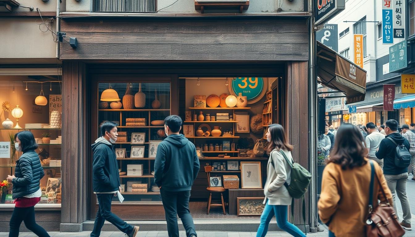 A quaint, hidden-gem creative shop nestled in the bustling streets of Busan, South Korea. The storefront has a charming, rustic aesthetic with weathered wooden accents and a cozy, inviting ambiance. Through the large display windows, one can glimpse an array of unique, handmade products - from local artisanal crafts to innovative design pieces. The shop is bathed in warm, natural lighting that filters through the windows, casting a soft, atmospheric glow over the carefully curated merchandise. In the foreground, a few passersby pause to admire the shop's alluring window display, their curiosity piqued. The background is filled with the lively hustle and bustle of Busan's vibrant shopping district, creating a sense of place and cultural context. A quaint, hidden-gem creative shop nestled in the bustling streets of Busan, South Korea. The storefront has a charming, rustic aesthetic with weathered wooden accents and a cozy, inviting ambiance. Through the large display windows, one can glimpse an array of unique, handmade products - from local artisanal crafts to innovative design pieces. The shop is bathed in warm, natural lighting that filters through the windows, casting a soft, atmospheric glow over the carefully curated merchandise. In the foreground, a few passersby pause to admire the shop's alluring window display, their curiosity piqued. The background is filled with the lively hustle and bustle of Busan's vibrant shopping district, creating a sense of place and cultural context.