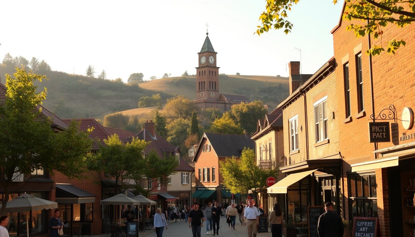 A quaint, picturesque town nestled among rolling hills, its charming streets lined with cozy cafes, independent art galleries, and boutique shops. Warm afternoon sunlight filters through the canopy of trees, casting a soft, golden glow over the scene. In the distance, a historic clock tower stands as a stately centerpiece, its timeless architecture a testament to the town's rich cultural heritage. People stroll leisurely, taking in the serene ambiance and browsing the unique wares on display. Rustic brick buildings with vibrant murals and artful window displays create an artistic, bohemian atmosphere, inviting visitors to linger and soak in the creative energy of this charming, quintessential urban oasis. A quaint, picturesque town nestled among rolling hills, its charming streets lined with cozy cafes, independent art galleries, and boutique shops. Warm afternoon sunlight filters through the canopy of trees, casting a soft, golden glow over the scene. In the distance, a historic clock tower stands as a stately centerpiece, its timeless architecture a testament to the town's rich cultural heritage. People stroll leisurely, taking in the serene ambiance and browsing the unique wares on display. Rustic brick buildings with vibrant murals and artful window displays create an artistic, bohemian atmosphere, inviting visitors to linger and soak in the creative energy of this charming, quintessential urban oasis.