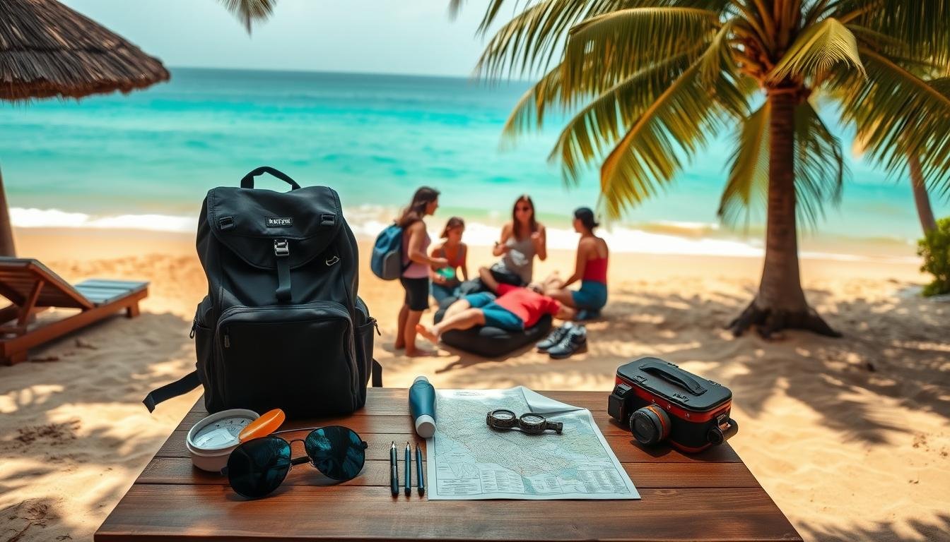 A scenic beach in Pattaya, Thailand, with a serene, tropical atmosphere. In the foreground, a wooden table is set up, displaying a collection of travel essentials - a backpack, sunscreen, sunglasses, a compass, and a map. The middle ground showcases a group of travelers, packing their belongings and discussing their itinerary, creating a sense of excitement and preparation. In the background, the azure ocean gently laps against the golden sand, with palm trees swaying in the warm breeze. Soft, diffused lighting casts a natural, warm glow over the scene, evoking a sense of tranquility and adventure.