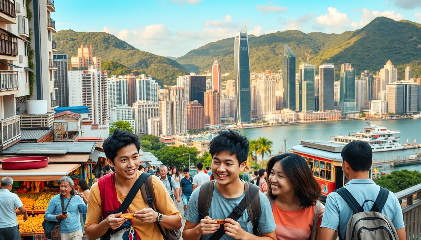 A scenic cityscape of vibrant Hong Kong, capturing the essence of a free-spirited family adventure. In the foreground, a happy family exploring bustling street markets, sampling local cuisine, and interacting with friendly locals. The middle ground showcases iconic landmarks such as the towering skyscrapers, the picturesque Victoria Harbour, and the famous tram system. The background features lush green hills, creating a serene contrast to the dynamic urban landscape. Warm, golden lighting illuminates the scene, evoking a sense of wonder and excitement. The overall composition conveys the perfect balance of Hong Kong's captivating modernity and its family-friendly attractions, inviting the viewer to embark on an unforgettable journey. A scenic cityscape of vibrant Hong Kong, capturing the essence of a free-spirited family adventure. In the foreground, a happy family exploring bustling street markets, sampling local cuisine, and interacting with friendly locals. The middle ground showcases iconic landmarks such as the towering skyscrapers, the picturesque Victoria Harbour, and the famous tram system. The background features lush green hills, creating a serene contrast to the dynamic urban landscape. Warm, golden lighting illuminates the scene, evoking a sense of wonder and excitement. The overall composition conveys the perfect balance of Hong Kong's captivating modernity and its family-friendly attractions, inviting the viewer to embark on an unforgettable journey.