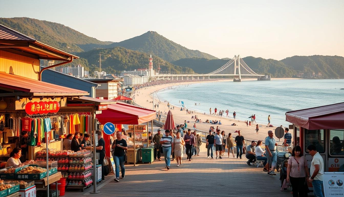 A scenic itinerary for a Busan group tour, showcasing a thoughtful arrangement of must-visit attractions. In the foreground, a bustling outdoor market with vibrant stalls selling local delicacies and handcrafted souvenirs. In the middle ground, the iconic Haeundae Beach with its picturesque coastline, beachgoers, and the dramatic Gwangan Bridge in the distance. In the background, the lush, verdant hills and mountains that surround the city, providing a stunning natural backdrop. The scene is bathed in warm, golden sunlight, capturing the energy and vitality of Busan. The composition emphasizes the diverse experiences and strategic planning required for a successful group tour, highlighting Busan's role as a premier travel destination in South Korea. A scenic itinerary for a Busan group tour, showcasing a thoughtful arrangement of must-visit attractions. In the foreground, a bustling outdoor market with vibrant stalls selling local delicacies and handcrafted souvenirs. In the middle ground, the iconic Haeundae Beach with its picturesque coastline, beachgoers, and the dramatic Gwangan Bridge in the distance. In the background, the lush, verdant hills and mountains that surround the city, providing a stunning natural backdrop. The scene is bathed in warm, golden sunlight, capturing the energy and vitality of Busan. The composition emphasizes the diverse experiences and strategic planning required for a successful group tour, highlighting Busan's role as a premier travel destination in South Korea.