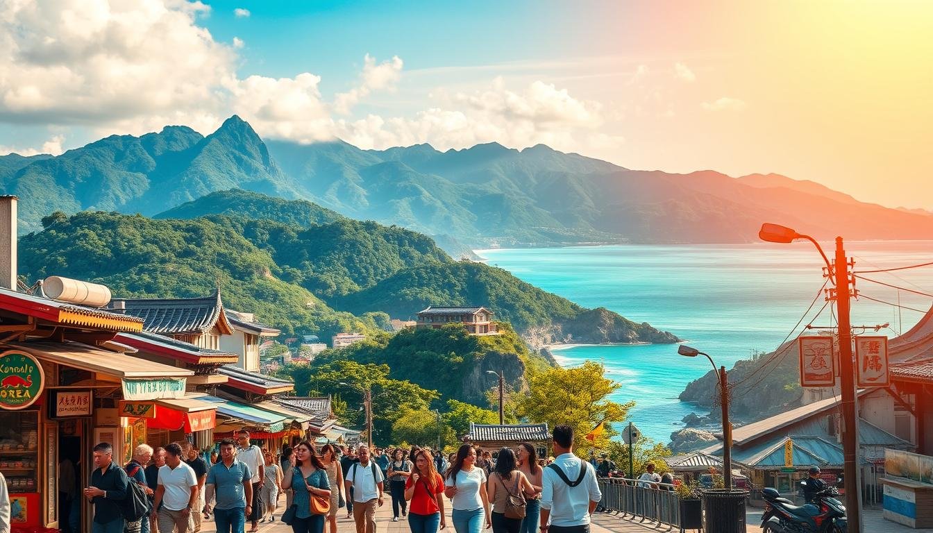 A scenic landscape of South Korea's most captivating travel destinations. In the foreground, a group of tourists exploring a vibrant city street, bustling with local shops and street food vendors. In the middle ground, towering mountains with lush green foliage, their peaks shrouded in wispy clouds. In the background, a stunning coastline with crystal-clear turquoise waters and rocky cliffs. Warm, golden sunlight bathes the entire scene, creating a serene and inviting atmosphere. The composition is balanced, with a mix of urban and natural elements that capture the essence of an immersive South Korean travel experience. A scenic landscape of South Korea's most captivating travel destinations. In the foreground, a group of tourists exploring a vibrant city street, bustling with local shops and street food vendors. In the middle ground, towering mountains with lush green foliage, their peaks shrouded in wispy clouds. In the background, a stunning coastline with crystal-clear turquoise waters and rocky cliffs. Warm, golden sunlight bathes the entire scene, creating a serene and inviting atmosphere. The composition is balanced, with a mix of urban and natural elements that capture the essence of an immersive South Korean travel experience.