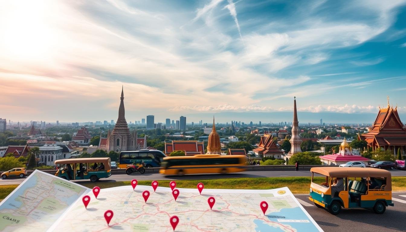 A scenic outdoor landscape depicting a meticulously planned travel itinerary for exploring the highlights of Bangkok and Chiang Mai. In the foreground, a detailed map with pinned locations showcases popular attractions and scenic viewpoints. In the middle ground, various transportation modes like tuk-tuks, buses, and taxis are depicted, conveying the ease of navigating the cities. In the background, a panoramic vista of iconic landmarks such as the Grand Palace, Wat Arun, and Doi Suthep set against a vibrant, sun-dappled sky. The overall mood is one of excitement and discovery, inviting the viewer to embark on an immersive journey through these captivating Thai destinations. A scenic outdoor landscape depicting a meticulously planned travel itinerary for exploring the highlights of Bangkok and Chiang Mai. In the foreground, a detailed map with pinned locations showcases popular attractions and scenic viewpoints. In the middle ground, various transportation modes like tuk-tuks, buses, and taxis are depicted, conveying the ease of navigating the cities. In the background, a panoramic vista of iconic landmarks such as the Grand Palace, Wat Arun, and Doi Suthep set against a vibrant, sun-dappled sky. The overall mood is one of excitement and discovery, inviting the viewer to embark on an immersive journey through these captivating Thai destinations.