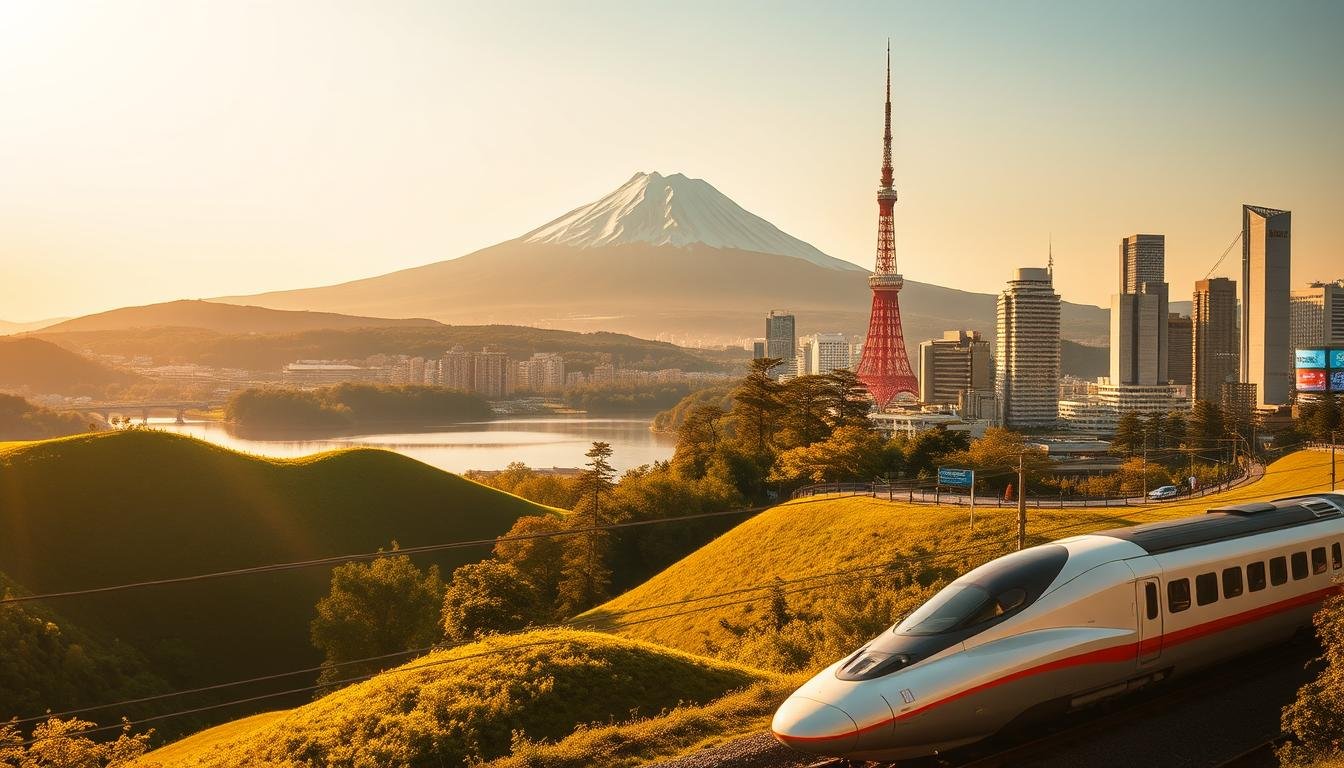 A scenic seven-day itinerary across Japan's most captivating regions. In the foreground, a bullet train glides through the lush, rolling hills of Kyushu, its sleek silhouette a testament to Japan's technological prowess. Towering Mount Fuji dominates the middle ground, its snow-capped peak reflecting in a tranquil lake. In the background, the neon-lit skyscrapers of Tokyo's Shibuya district stand as a vibrant contrast to the serene natural landscapes. Warm, golden sunlight bathes the entire scene, evoking a sense of wonder and anticipation for the immersive cultural experiences that await the traveler. This comprehensive seven-day journey showcases the best of Kyushu, Kanto, and Kansai, delivering an unforgettable taste of Japan's diverse beauty. A scenic seven-day itinerary across Japan's most captivating regions. In the foreground, a bullet train glides through the lush, rolling hills of Kyushu, its sleek silhouette a testament to Japan's technological prowess. Towering Mount Fuji dominates the middle ground, its snow-capped peak reflecting in a tranquil lake. In the background, the neon-lit skyscrapers of Tokyo's Shibuya district stand as a vibrant contrast to the serene natural landscapes. Warm, golden sunlight bathes the entire scene, evoking a sense of wonder and anticipation for the immersive cultural experiences that await the traveler. This comprehensive seven-day journey showcases the best of Kyushu, Kanto, and Kansai, delivering an unforgettable taste of Japan's diverse beauty.