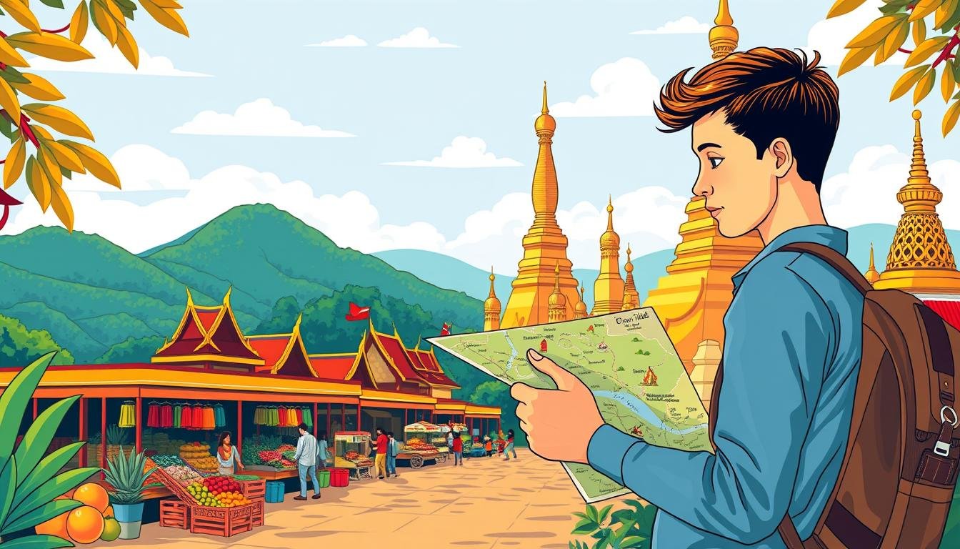 A scenic tableau of a thrifty traveler's guide to Thailand, captured in a vibrant, illustrative style. In the foreground, a backpacker examines a map, their gaze intent as they plan their economical journey. The middle ground reveals local markets, with vendors offering fresh produce and handcrafted wares. In the background, iconic Thai landmarks such as gilded temples and lush, verdant landscapes create an authentic, immersive atmosphere. Warm lighting casts a golden glow, evoking a sense of adventure and discovery. The composition is balanced, with clean lines and a harmonious color palette that showcases the essentials of budget-friendly travel in Thailand. A scenic tableau of a thrifty traveler's guide to Thailand, captured in a vibrant, illustrative style. In the foreground, a backpacker examines a map, their gaze intent as they plan their economical journey. The middle ground reveals local markets, with vendors offering fresh produce and handcrafted wares. In the background, iconic Thai landmarks such as gilded temples and lush, verdant landscapes create an authentic, immersive atmosphere. Warm lighting casts a golden glow, evoking a sense of adventure and discovery. The composition is balanced, with clean lines and a harmonious color palette that showcases the essentials of budget-friendly travel in Thailand.