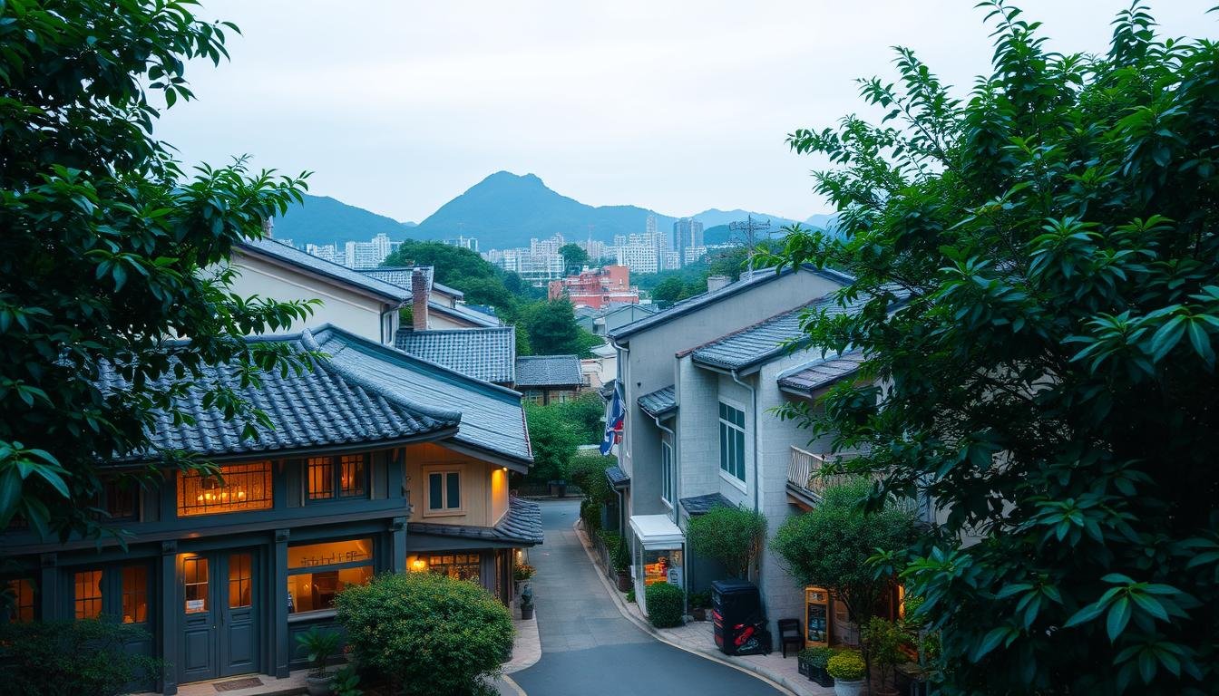 A scenic view of a charming Busan neighborhood, with traditional Korean-style buildings nestled among lush foliage. In the foreground, a cozy-looking boutique hotel or guesthouse stands, its facade adorned with quaint decorations and warm lighting. Muted hues of blue, green, and earth tones create a serene, relaxing atmosphere. The middle ground features winding alleyways lined with small shops and cafes, hinting at the vibrant local culture. In the background, the silhouettes of Busan's iconic mountains rise, adding a sense of tranquility and natural beauty to the scene. The overall composition evokes the charming, intimate essence of Busan's accommodations and travel tips.