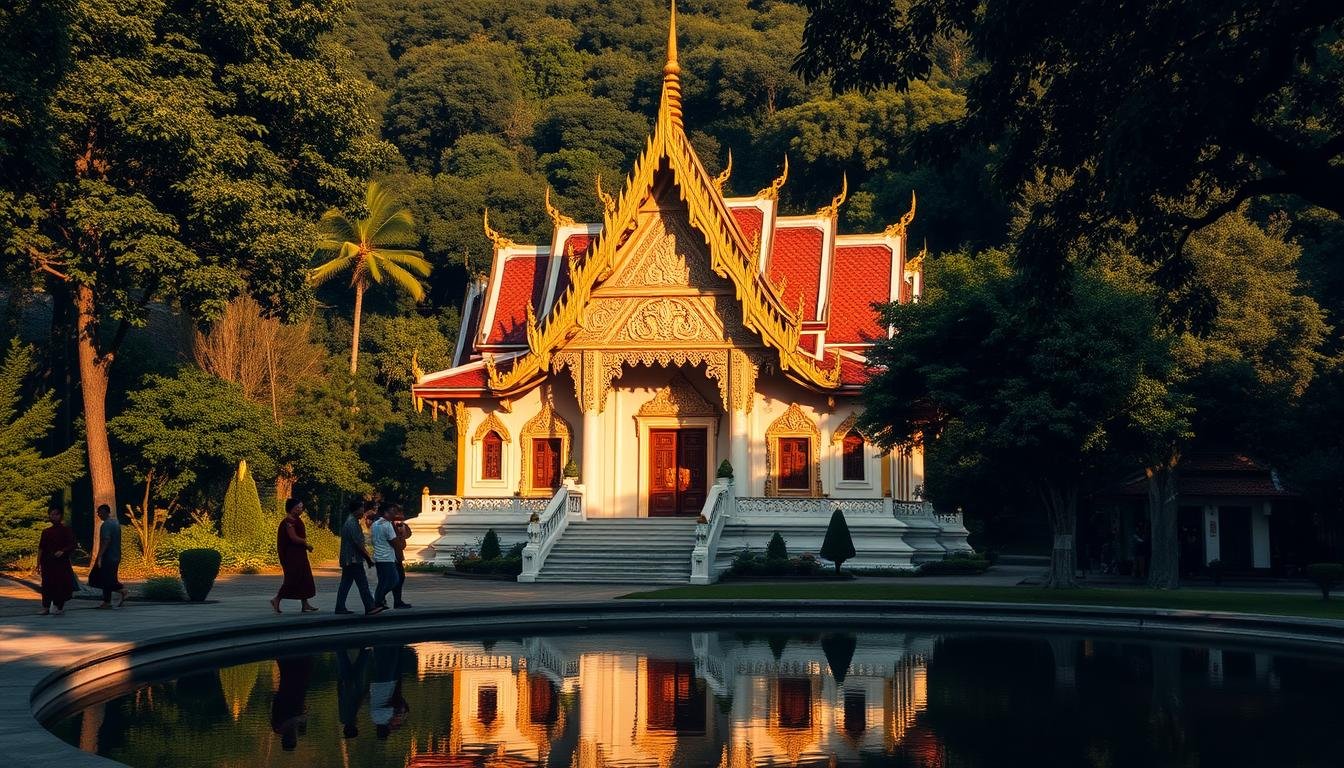 A serene Buddhist temple nestled in the lush, verdant landscape of Chiang Mai, Thailand. Ornate golden spires and intricate carvings adorn the striking architectural facade, their intricate patterns casting dynamic shadows across the intricate stone and tile work. Warm, diffused sunlight filters through the surrounding foliage, illuminating the peaceful atmosphere and inviting visitors to immerse themselves in the timeless spiritual traditions of this sacred place. A tranquil pond reflects the temple's elegant silhouette, creating a sense of balance and harmony. Visitors wander the grounds, observing the monks in quiet contemplation and absorbing the timeless essence of this revered cultural landmark. A serene Buddhist temple nestled in the lush, verdant landscape of Chiang Mai, Thailand. Ornate golden spires and intricate carvings adorn the striking architectural facade, their intricate patterns casting dynamic shadows across the intricate stone and tile work. Warm, diffused sunlight filters through the surrounding foliage, illuminating the peaceful atmosphere and inviting visitors to immerse themselves in the timeless spiritual traditions of this sacred place. A tranquil pond reflects the temple's elegant silhouette, creating a sense of balance and harmony. Visitors wander the grounds, observing the monks in quiet contemplation and absorbing the timeless essence of this revered cultural landmark.