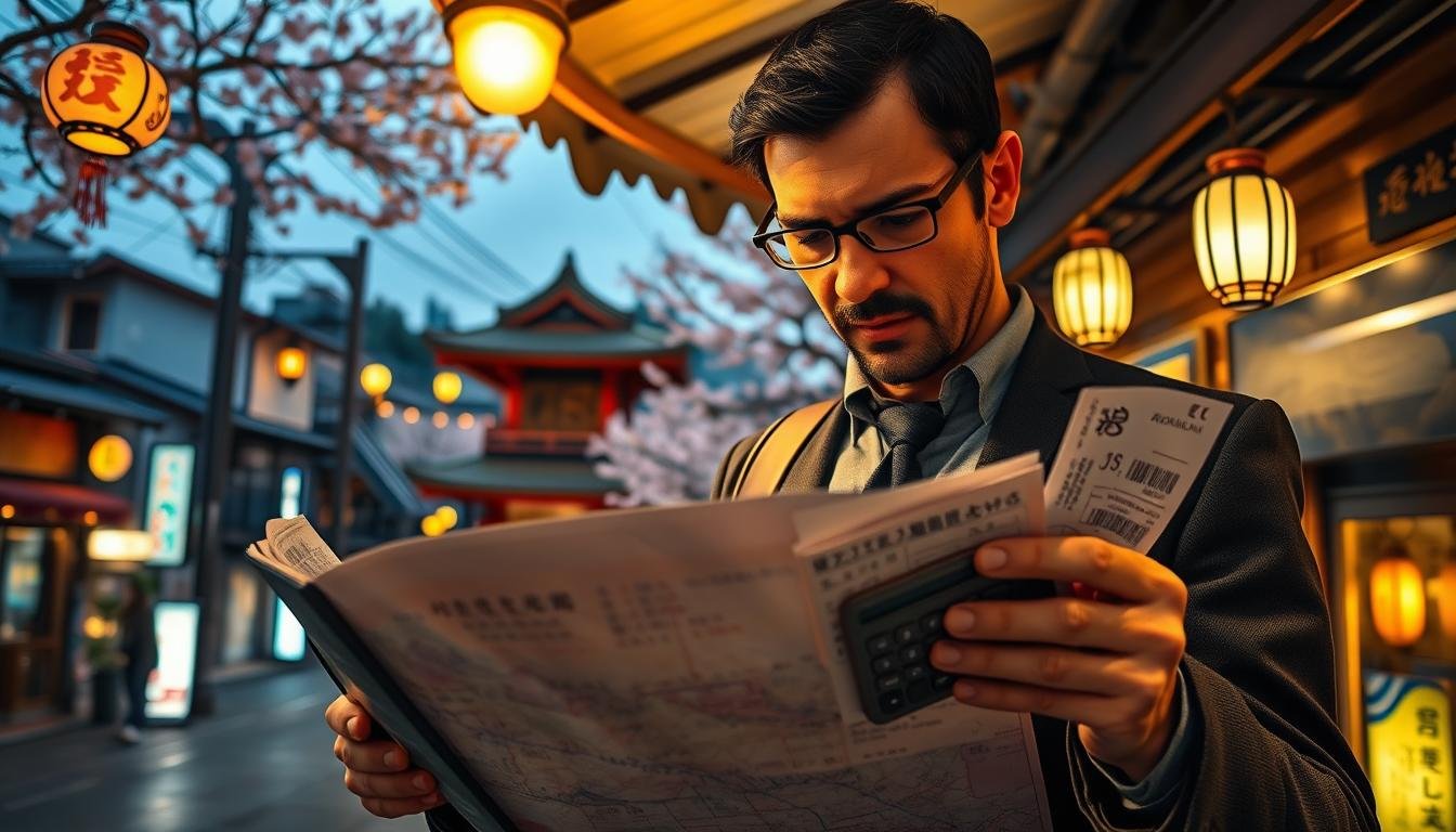 A serene Japanese cityscape at dusk, with a well-dressed traveler urgently consulting a map and various cash handling tools. The foreground features a leather wallet, a bundle of Yen notes, a currency exchange receipt, and a compact foreign exchange calculator, all illuminated by the warm glow of a streetlamp. In the middle ground, the traveler stands under an awning, surrounded by traditional architecture and neon signs. The background depicts a network of narrow alleyways, with lanterns and cherry blossoms creating a tranquil ambiance that contrasts with the traveler's state of mild distress.