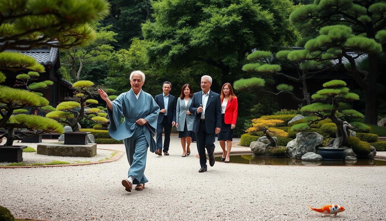 A serene Japanese garden with carefully manicured bonsai trees, meticulously raked gravel, and a tranquil koi pond. In the foreground, a professional tour guide, dressed in a crisp kimono, gracefully guides a small group of affluent tourists through the lush scenery. The guide's posture is impeccable, their movements fluid and choreographed, exuding a sense of refined elegance. The tourists, adorned in high-end, tailored attire, are captivated, their expressions a blend of awe and appreciation. Soft, diffused lighting filters through the verdant foliage, creating a sense of warmth and exclusivity. The overall atmosphere conveys the epitome of Japanese hospitality, where exceptional service and attention to detail are the hallmarks of a truly luxurious travel experience. A serene Japanese garden with carefully manicured bonsai trees, meticulously raked gravel, and a tranquil koi pond. In the foreground, a professional tour guide, dressed in a crisp kimono, gracefully guides a small group of affluent tourists through the lush scenery. The guide's posture is impeccable, their movements fluid and choreographed, exuding a sense of refined elegance. The tourists, adorned in high-end, tailored attire, are captivated, their expressions a blend of awe and appreciation. Soft, diffused lighting filters through the verdant foliage, creating a sense of warmth and exclusivity. The overall atmosphere conveys the epitome of Japanese hospitality, where exceptional service and attention to detail are the hallmarks of a truly luxurious travel experience.