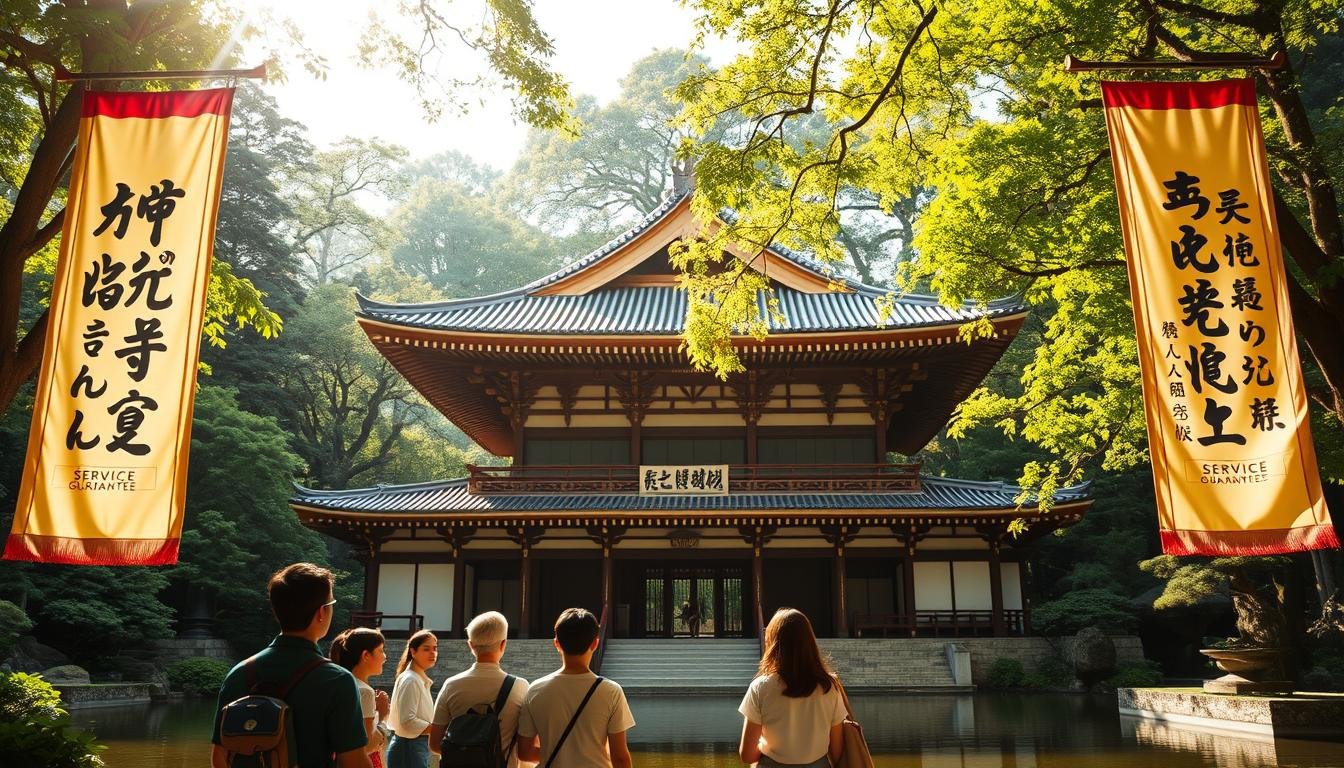 A serene Japanese temple nestled in a lush, verdant landscape. Sunlight filters through the canopy, casting a warm, golden glow. In the foreground, a group of travelers stand in awe, their faces radiating trust and confidence. Elegant calligraphy banners unfurl, conveying the brand's reliability and service guarantee. Intricate architectural details, such as ornate roofs and polished wood accents, exude a sense of quality and craftsmanship. The tranquil pond reflects the natural beauty, creating a harmonious and inviting atmosphere. An oasis of serenity and reassurance, where the brand's promise of a exceptional Japanese travel experience is embodied.
