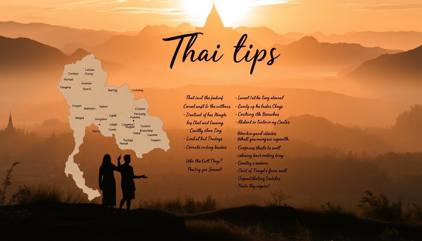 A serene Thai landscape, bathed in warm afternoon light, serves as the backdrop for a set of informative travel tips. In the foreground, a detailed map of Thailand highlights key regions, while silhouetted figures gesture towards various cultural icons - from ornate temples to tropical beaches. The middle ground features a neatly organized list of practical travel advice, conveyed through elegant calligraphic strokes. The scene evokes a sense of exploration and discovery, inviting the viewer to plan their Thai adventure with confidence and care. A serene Thai landscape, bathed in warm afternoon light, serves as the backdrop for a set of informative travel tips. In the foreground, a detailed map of Thailand highlights key regions, while silhouetted figures gesture towards various cultural icons - from ornate temples to tropical beaches. The middle ground features a neatly organized list of practical travel advice, conveyed through elegant calligraphic strokes. The scene evokes a sense of exploration and discovery, inviting the viewer to plan their Thai adventure with confidence and care.