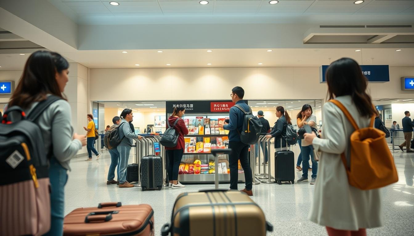 A serene airport scene with passengers awaiting their flight to Korea. In the foreground, a group of travelers excitedly discussing their itinerary, their luggage beside them. The middle ground features a well-organized display showcasing local Taiwanese delicacies and souvenirs, enticing customers. In the background, the departure gate is visible, with modern architecture and soft, natural lighting creating a warm and welcoming atmosphere. The overall mood is one of anticipation and preparation, reflecting the comprehensive planning and attention to detail that goes into a seamless Taiwan-to-Korea travel experience.