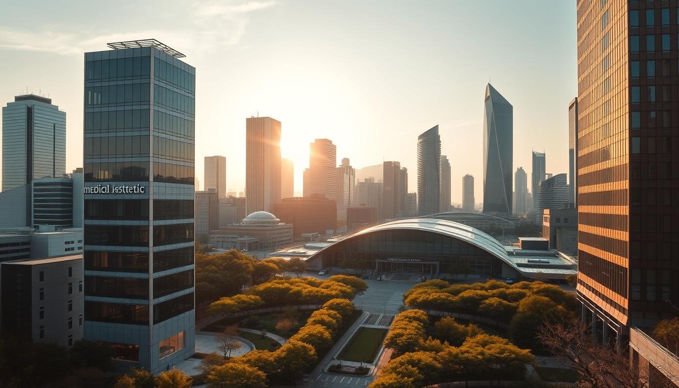 A serene and elegant cityscape of Gangnam, South Korea, bathed in warm, golden light. In the foreground, a modern, high-rise medical aesthetics clinic stands, its sleek, minimalist facade reflecting the vibrant energy of the bustling neighborhood. In the middle ground, lush, manicured gardens and tree-lined streets lead towards the iconic Gangnam Station, its curved, glass-and-steel structure a testament to the district's cutting-edge design. In the background, the skyline is punctuated by the distinctive silhouettes of towering skyscrapers, their sleek, contemporary lines complemented by the soft, diffused glow of the setting sun. The overall scene conveys an atmosphere of sophistication, innovation, and the perfect blend of urban chic and natural tranquility. A serene and elegant cityscape of Gangnam, South Korea, bathed in warm, golden light. In the foreground, a modern, high-rise medical aesthetics clinic stands, its sleek, minimalist facade reflecting the vibrant energy of the bustling neighborhood. In the middle ground, lush, manicured gardens and tree-lined streets lead towards the iconic Gangnam Station, its curved, glass-and-steel structure a testament to the district's cutting-edge design. In the background, the skyline is punctuated by the distinctive silhouettes of towering skyscrapers, their sleek, contemporary lines complemented by the soft, diffused glow of the setting sun. The overall scene conveys an atmosphere of sophistication, innovation, and the perfect blend of urban chic and natural tranquility.