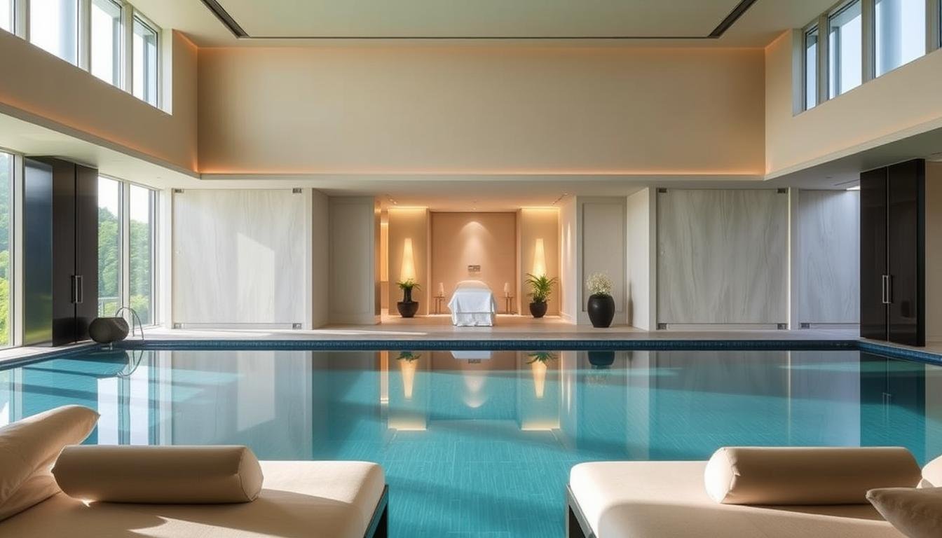 A serene and luxurious indoor pool area at the Four Seasons Hotel Hong Kong, with sunlight streaming through floor-to-ceiling windows. Plush lounge chairs and a tranquil ambiance invite guests to unwind. In the middle ground, an elegantly designed spa treatment room features soothing lighting and calming colors. The background showcases sleek, modern architecture and lush greenery outside, creating a harmonious blend of nature and sophistication. The entire scene conveys a sense of relaxation and indulgence, perfectly capturing the high-end leisure and wellness facilities of this renowned hotel. A serene and luxurious indoor pool area at the Four Seasons Hotel Hong Kong, with sunlight streaming through floor-to-ceiling windows. Plush lounge chairs and a tranquil ambiance invite guests to unwind. In the middle ground, an elegantly designed spa treatment room features soothing lighting and calming colors. The background showcases sleek, modern architecture and lush greenery outside, creating a harmonious blend of nature and sophistication. The entire scene conveys a sense of relaxation and indulgence, perfectly capturing the high-end leisure and wellness facilities of this renowned hotel.