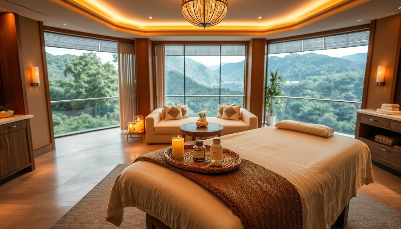 A serene and luxurious spa environment, with a warm and inviting atmosphere. The scene depicts a spacious, well-lit treatment room, featuring elegant decor and soothing lighting. Wooden accents and natural materials create a calming ambiance. In the foreground, a massage table is meticulously prepared, with crisp, white linens and an array of essential oils and aromatherapy candles. The middle ground showcases a plush seating area, where guests can unwind before or after their treatments. The background features panoramic views of lush, verdant landscapes, hinting at the tranquil, nature-inspired setting of the spa. The overall composition conveys a sense of serene, spa-like luxury, inviting the viewer to immerse themselves in a rejuvenating and relaxing experience.
