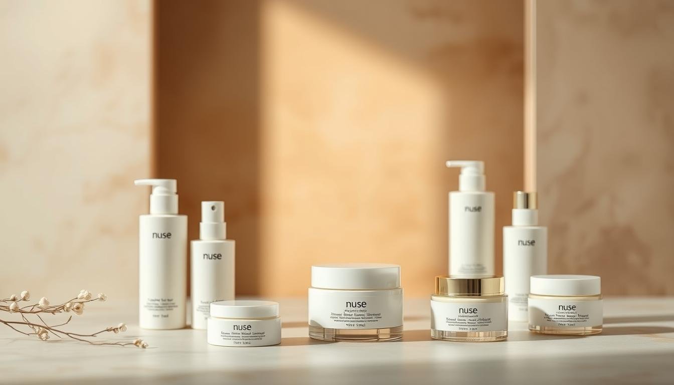 A serene and minimalist composition showcasing the essence of nuse's pure and natural cosmetic products. In the foreground, an elegant arrangement of sleek, pastel-colored cosmetic bottles and jars, their simple yet refined designs reflecting the brand's commitment to sustainable and cruelty-free beauty. In the middle ground, a soft, diffused lighting creates a warm and inviting atmosphere, highlighting the organic textures and clean lines of the products. The background is a harmonious blend of muted, earthy tones, conveying a sense of tranquility and balance, perfectly complementing the brand's ethos of mindful and holistic skincare. The overall scene exudes a subtle, sophisticated elegance, inviting the viewer to explore the purity and sophistication of nuse's pure and natural beauty offerings. A serene and minimalist composition showcasing the essence of nuse's pure and natural cosmetic products. In the foreground, an elegant arrangement of sleek, pastel-colored cosmetic bottles and jars, their simple yet refined designs reflecting the brand's commitment to sustainable and cruelty-free beauty. In the middle ground, a soft, diffused lighting creates a warm and inviting atmosphere, highlighting the organic textures and clean lines of the products. The background is a harmonious blend of muted, earthy tones, conveying a sense of tranquility and balance, perfectly complementing the brand's ethos of mindful and holistic skincare. The overall scene exudes a subtle, sophisticated elegance, inviting the viewer to explore the purity and sophistication of nuse's pure and natural beauty offerings.