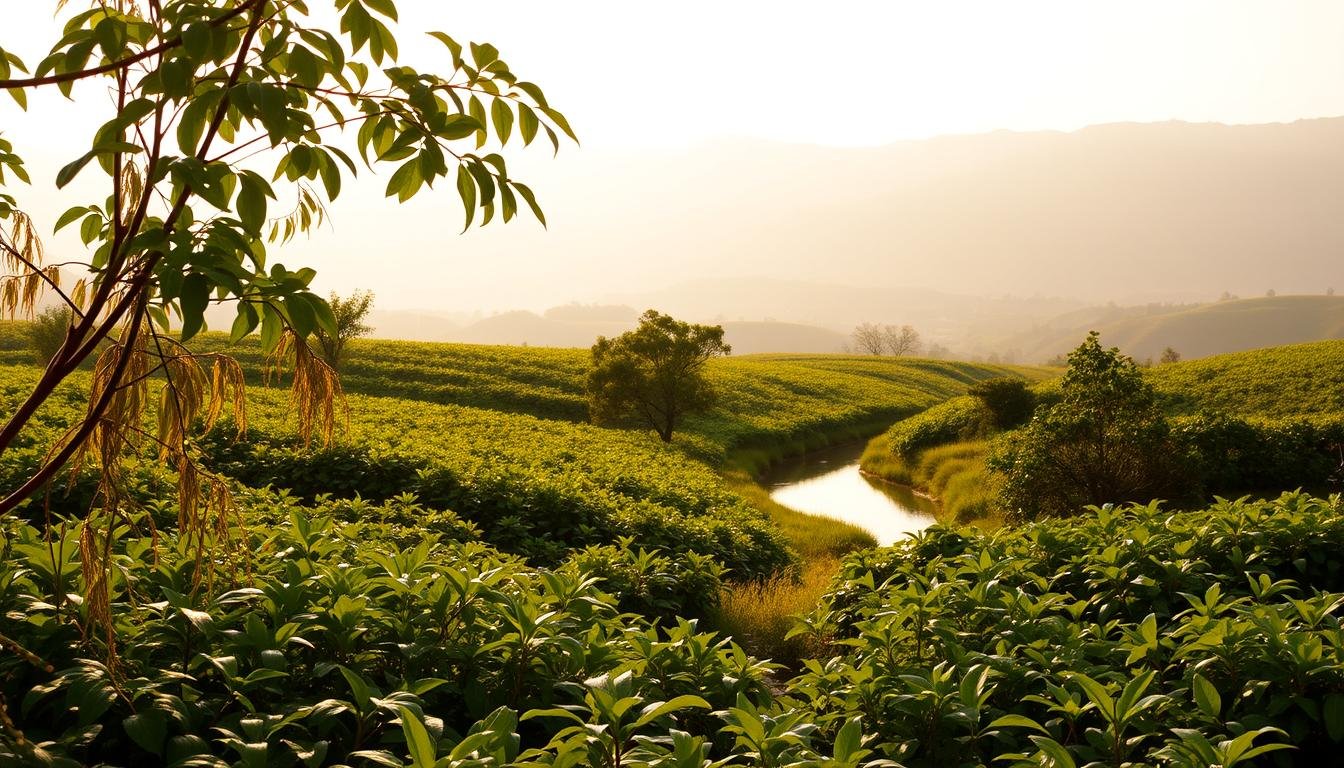 A serene and rhythmic landscape, bathed in warm, golden light. In the foreground, a lush, verdant field of ginseng plants sways gently in a light breeze, their leaves rustling in a soothing, natural cadence. In the middle ground, a tranquil stream winds its way through the landscape, its calm, reflective surface mirroring the surrounding foliage. In the distance, a rolling, mist-shrouded mountain range rises, adding depth and a sense of timeless, natural harmony to the scene. The overall mood is one of balance, restoration, and a gentle, rejuvenating rhythm that invites the viewer to pause and reconnect with the restorative power of nature.