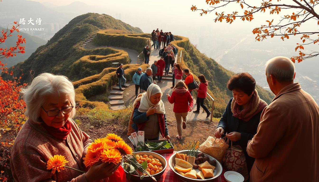 A serene autumn scene in Hong Kong, as families gather to celebrate Chung Yeung Festival. In the foreground, elderly grandparents are honored with offerings of chrysanthemum flowers and traditional delicacies. In the middle ground, multi-generational groups ascend a lush, winding mountain path, taking in the panoramic views of the city skyline below. The background is bathed in soft, golden light, creating an atmosphere of reverence and tranquility. The scene evokes a sense of filial piety, as the community comes together to pay respects to their elders and seek blessings for the year ahead. A serene autumn scene in Hong Kong, as families gather to celebrate Chung Yeung Festival. In the foreground, elderly grandparents are honored with offerings of chrysanthemum flowers and traditional delicacies. In the middle ground, multi-generational groups ascend a lush, winding mountain path, taking in the panoramic views of the city skyline below. The background is bathed in soft, golden light, creating an atmosphere of reverence and tranquility. The scene evokes a sense of filial piety, as the community comes together to pay respects to their elders and seek blessings for the year ahead.