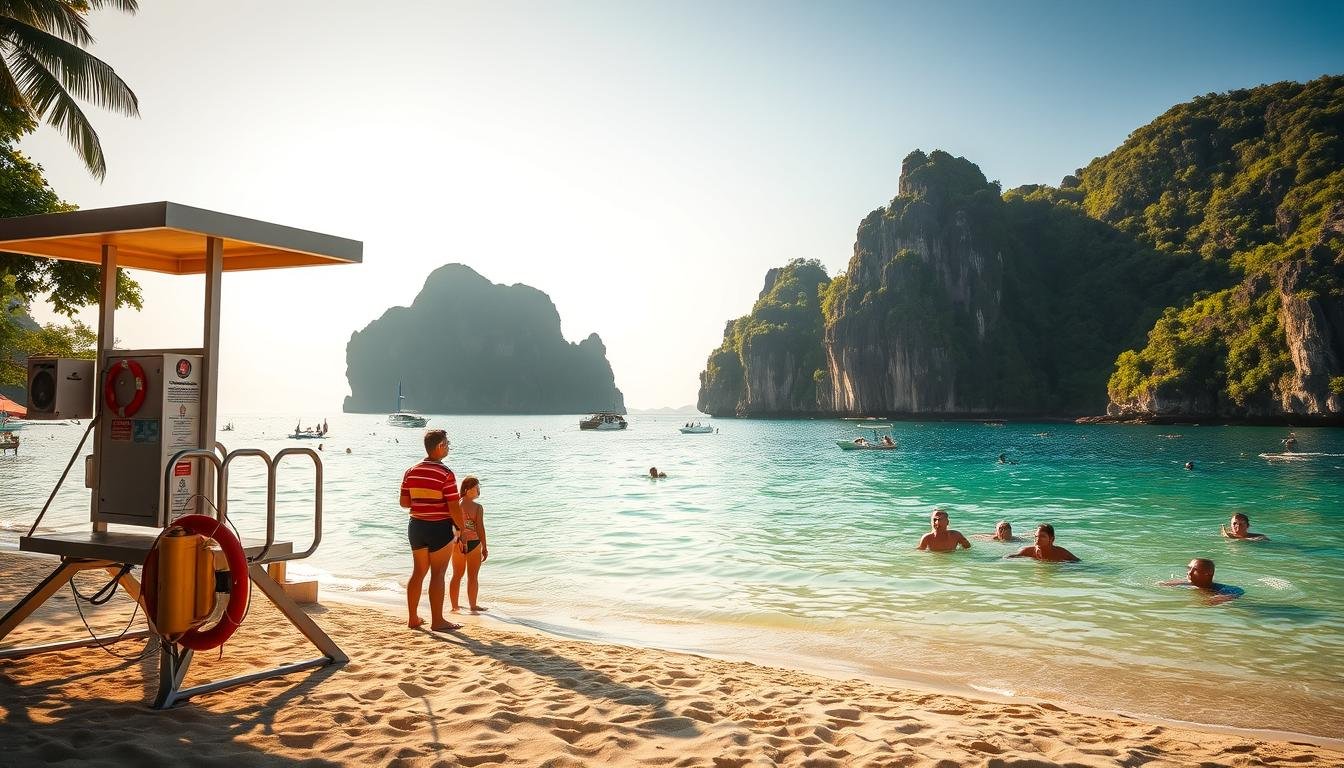 A serene beach landscape on the island of Phuket, Thailand. In the foreground, a lifeguard stand and safety equipment stand vigilant, ensuring the well-being of beachgoers. The middle ground features tourists enjoying various water activities, from swimming to snorkeling, all under the watchful eye of the lifeguards. The background showcases the iconic limestone cliffs and lush tropical foliage that define Phuket's picturesque coastline. The scene is bathed in warm, golden sunlight, creating a sense of tranquility and relaxation. Overall, the image conveys the message of safety and security, while highlighting the beauty and allure of Phuket as a premier travel destination.